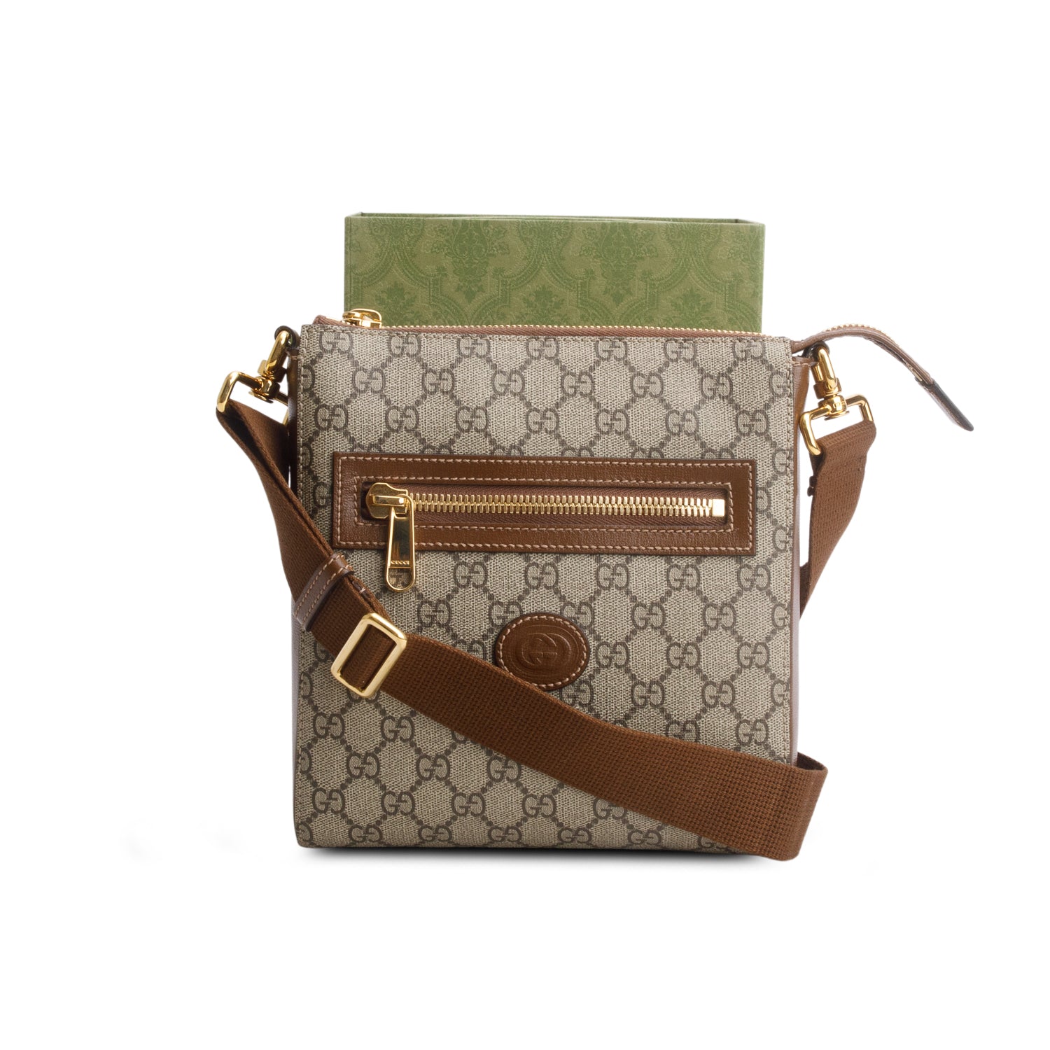 Gucci GG Supreme Monogram Azalea Calfskin Retro Interlocking G Flat Messenger Bag w/ Box