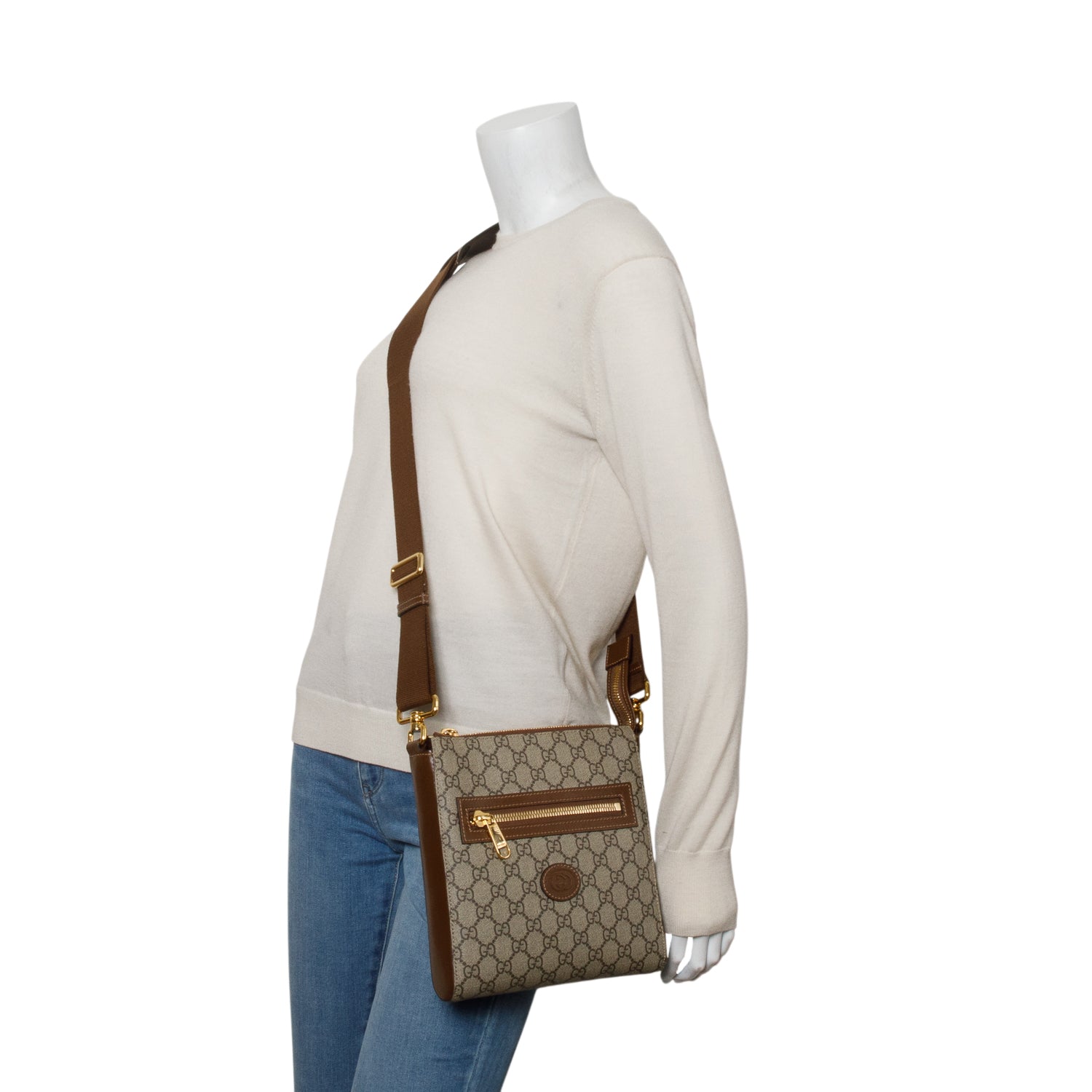 Gucci GG Supreme Monogram Azalea Calfskin Retro Interlocking G Flat Messenger Bag w/ Box