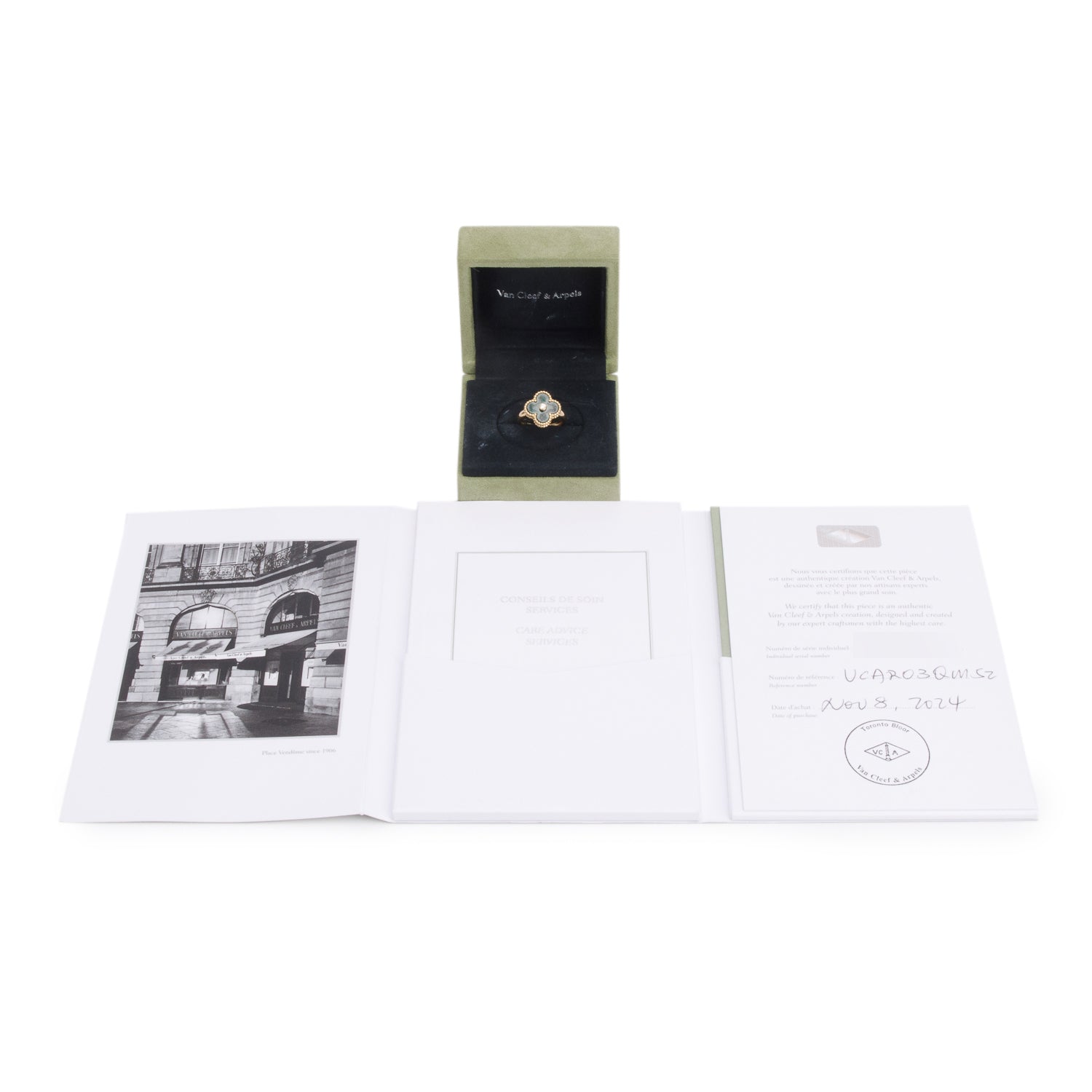 Van Cleef & Arpels 2024 18k Yellow Gold Malachite & Diamond Vintage Alhambra Ring, Size 52 6 w/ Box, Receipt & Certificate