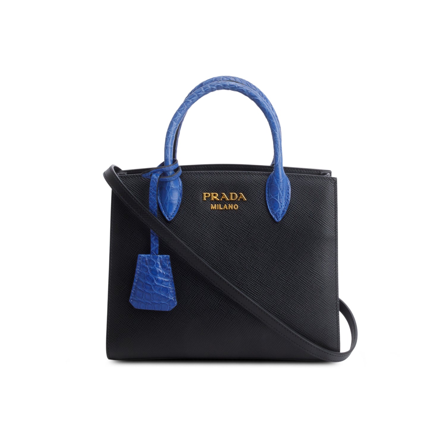 Prada Black Saffiano Cuir Croc Mini Double Bag w/ Authenticity Card & Strap