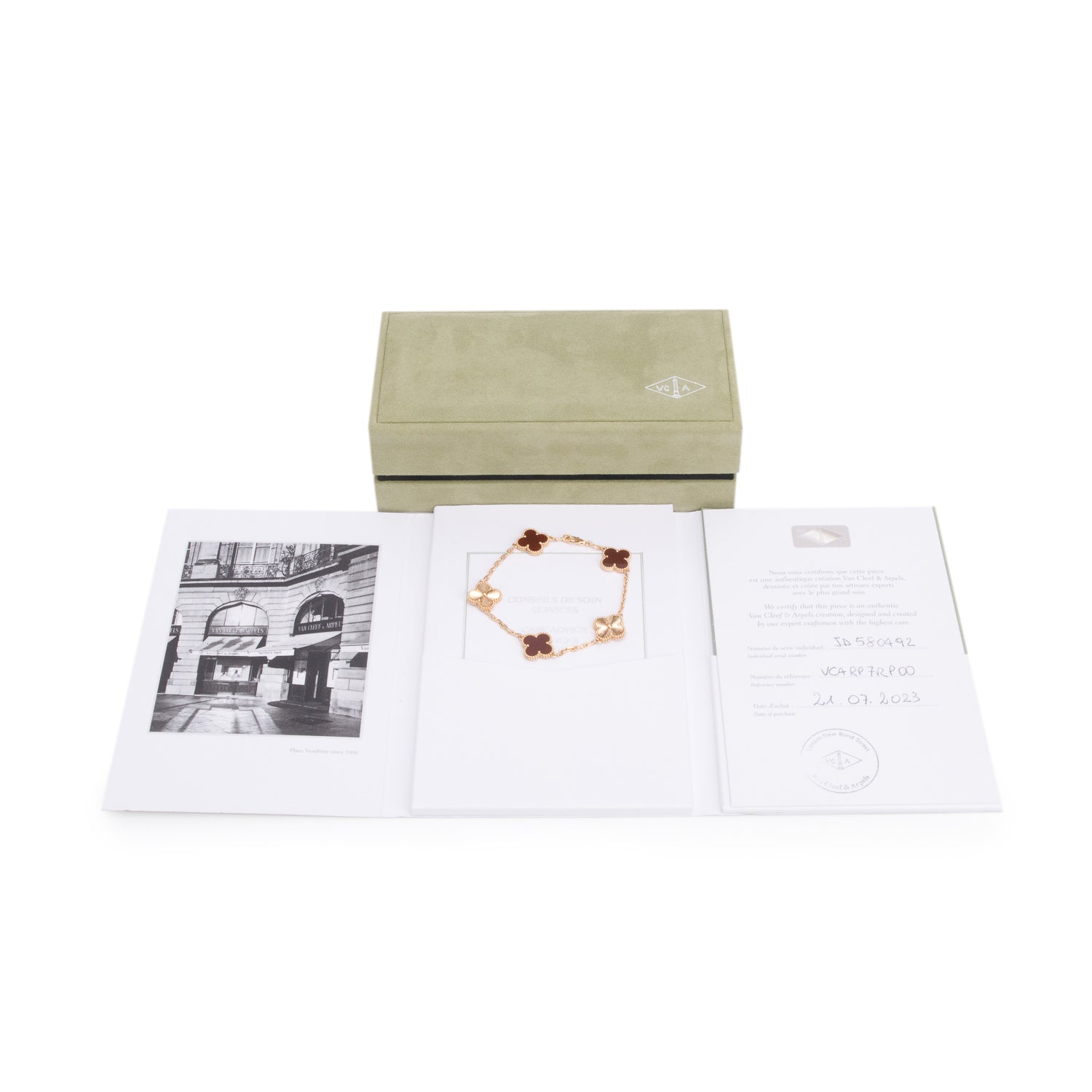 Van Cleef & Arpels 2023 18k Rose Gold Vintage Alhambra 5 Motif Carnelian Bracelet w/ Box, Receipt & Certificate