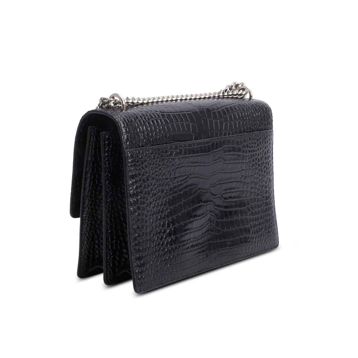 Saint Laurent 2022 Black Calfskin Croc Embossed Large Sunset Shoulder Bag