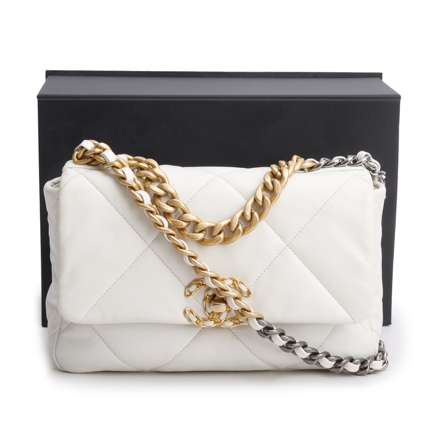 Chanel 2020 White Lambskin Leather Medium 19 Flap Bag w/ Box