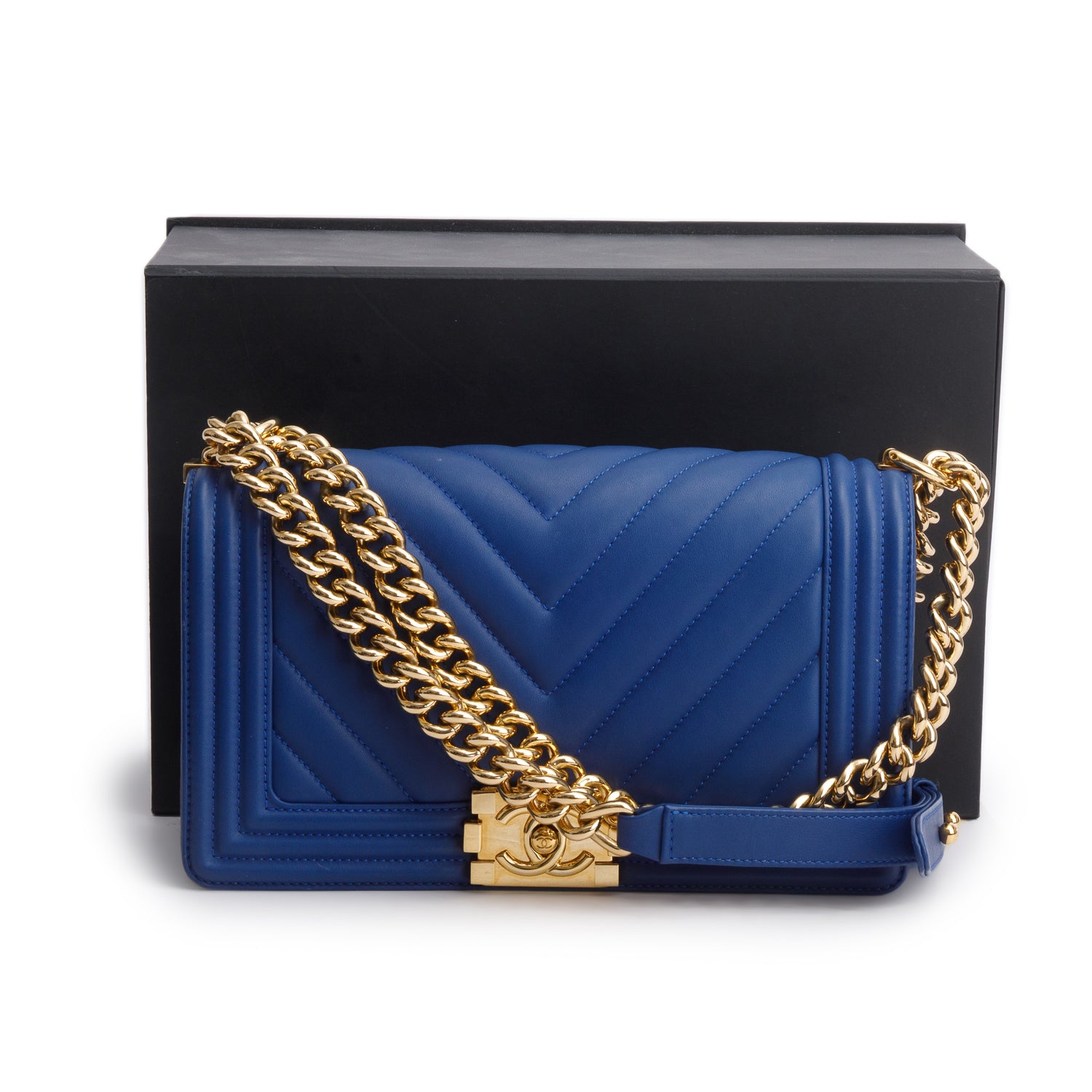 Chanel Blue Chevron Quilted Lambskin Leather Medium Boy Bag w/ Box & Authenticity Card