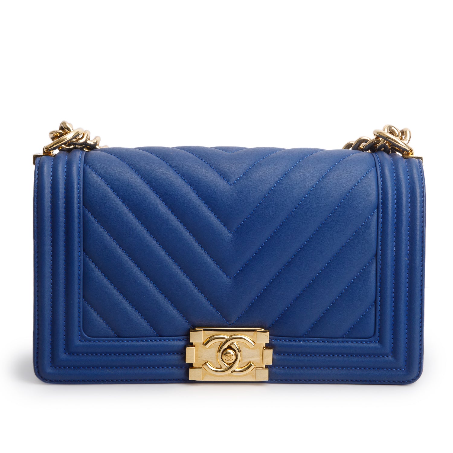 Chanel Blue Chevron Quilted Lambskin Leather Medium Boy Bag w/ Box & Authenticity Card