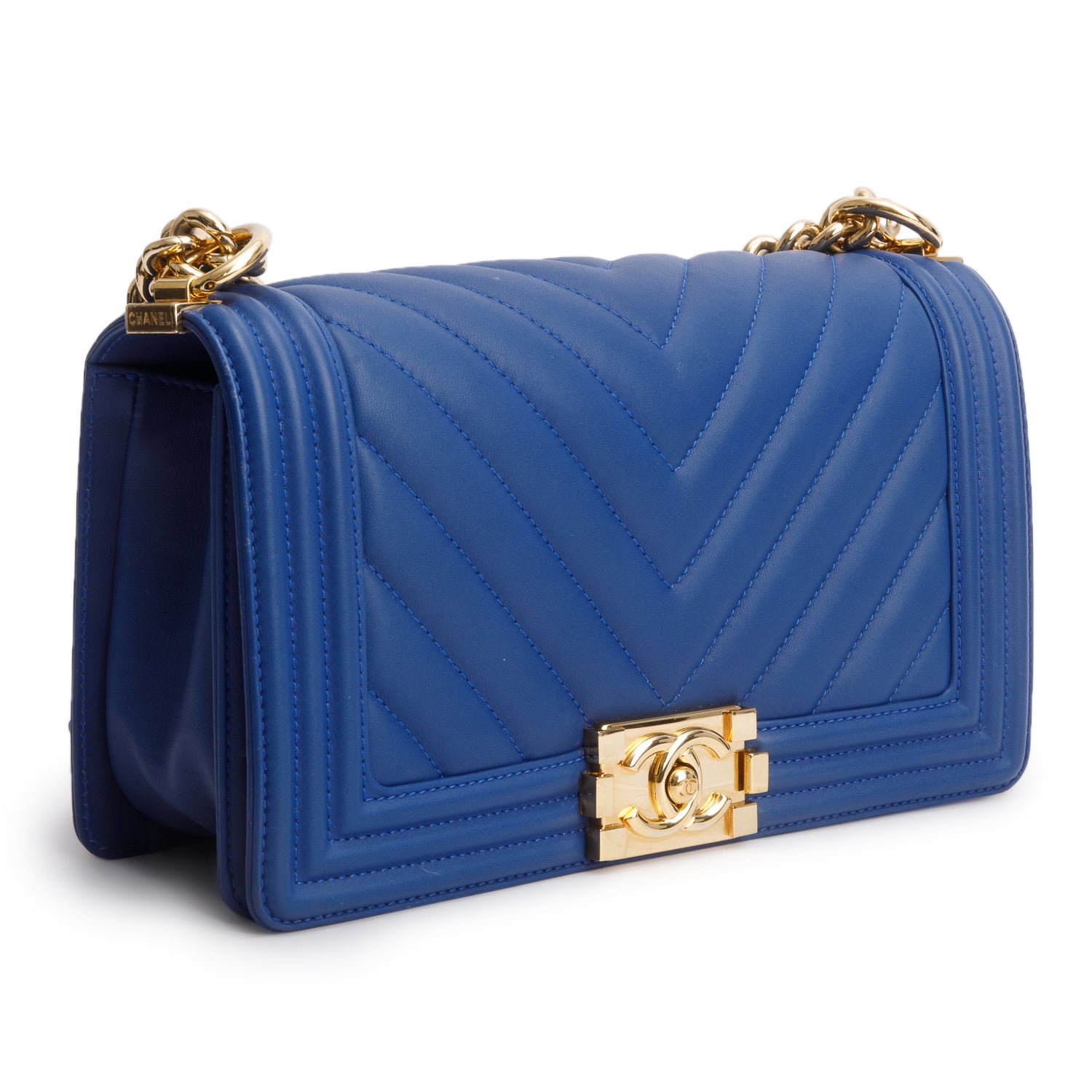 Chanel Blue Chevron Quilted Lambskin Leather Medium Boy Bag w/ Box & Authenticity Card