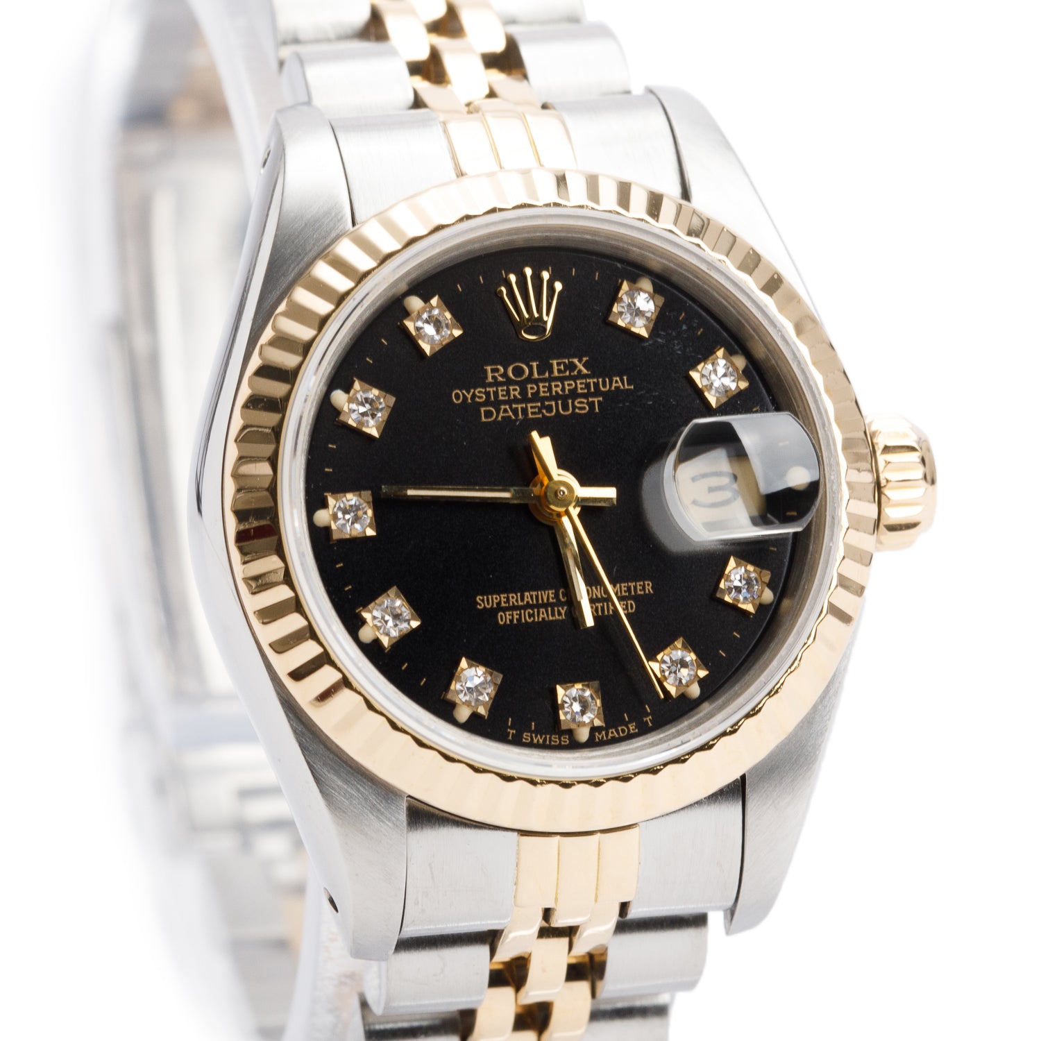 Rolex Stainless Steel & 18k Yellow Gold Datejust 26 MM Watch Black Diamond Dial 69173