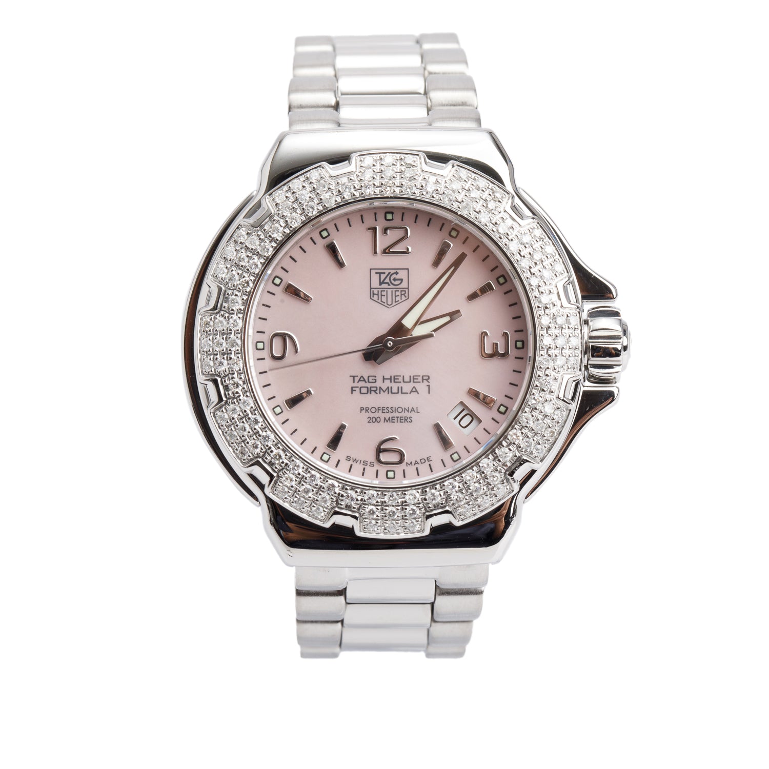 Tag Heuer Stainless Steel Formula 1 Diamond Bezel 37 MM Watch Pink Mother of Pearl Dial WAC1216-0