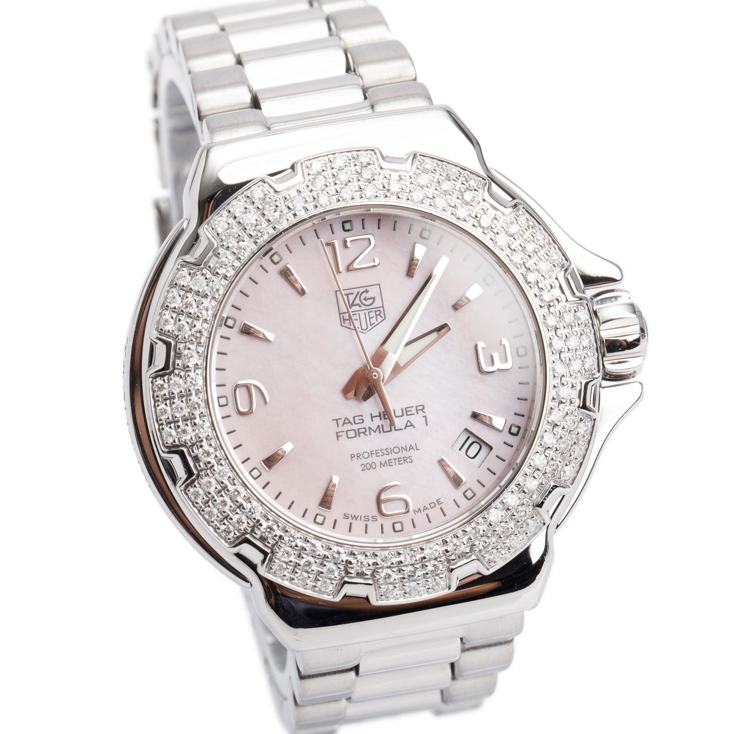 Tag Heuer Stainless Steel Formula 1 Diamond Bezel 37 MM Watch Pink Mother of Pearl Dial WAC1216-0