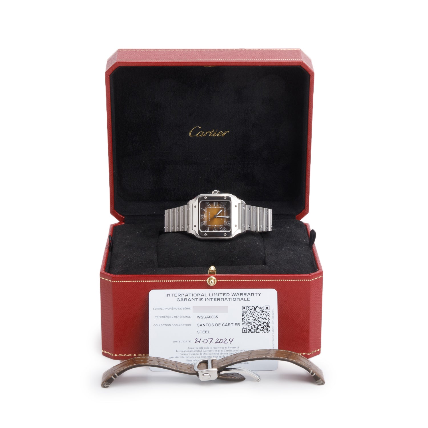 Cartier 2024 Stainless Steel Santos de Cartier Automatic Watch, Medium Model Brown Dial 4075 w/ Box, Papers & Extra Strap