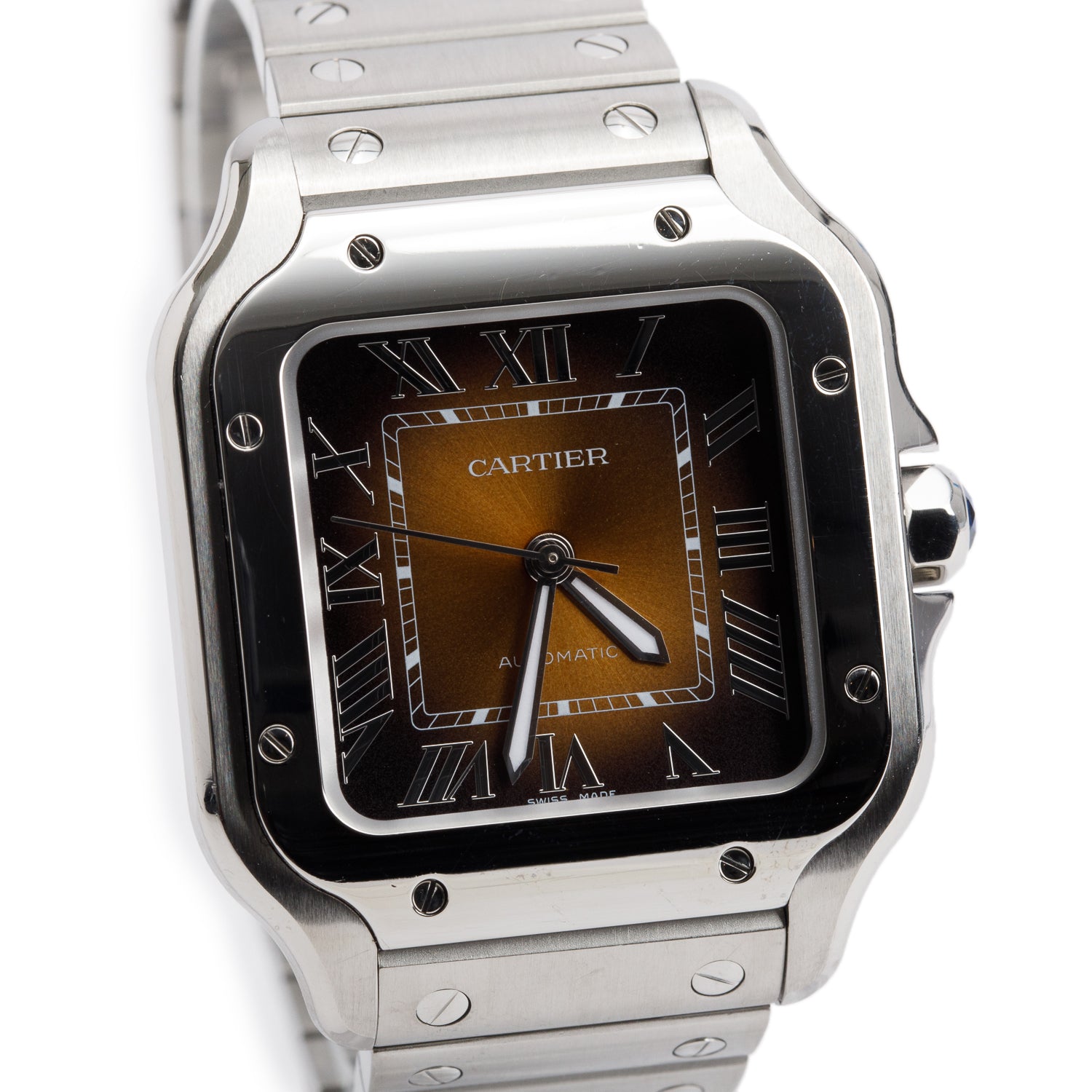 Cartier 2024 Stainless Steel Santos de Cartier Automatic Watch, Medium Model Brown Dial 4075 w/ Box, Papers & Extra Strap