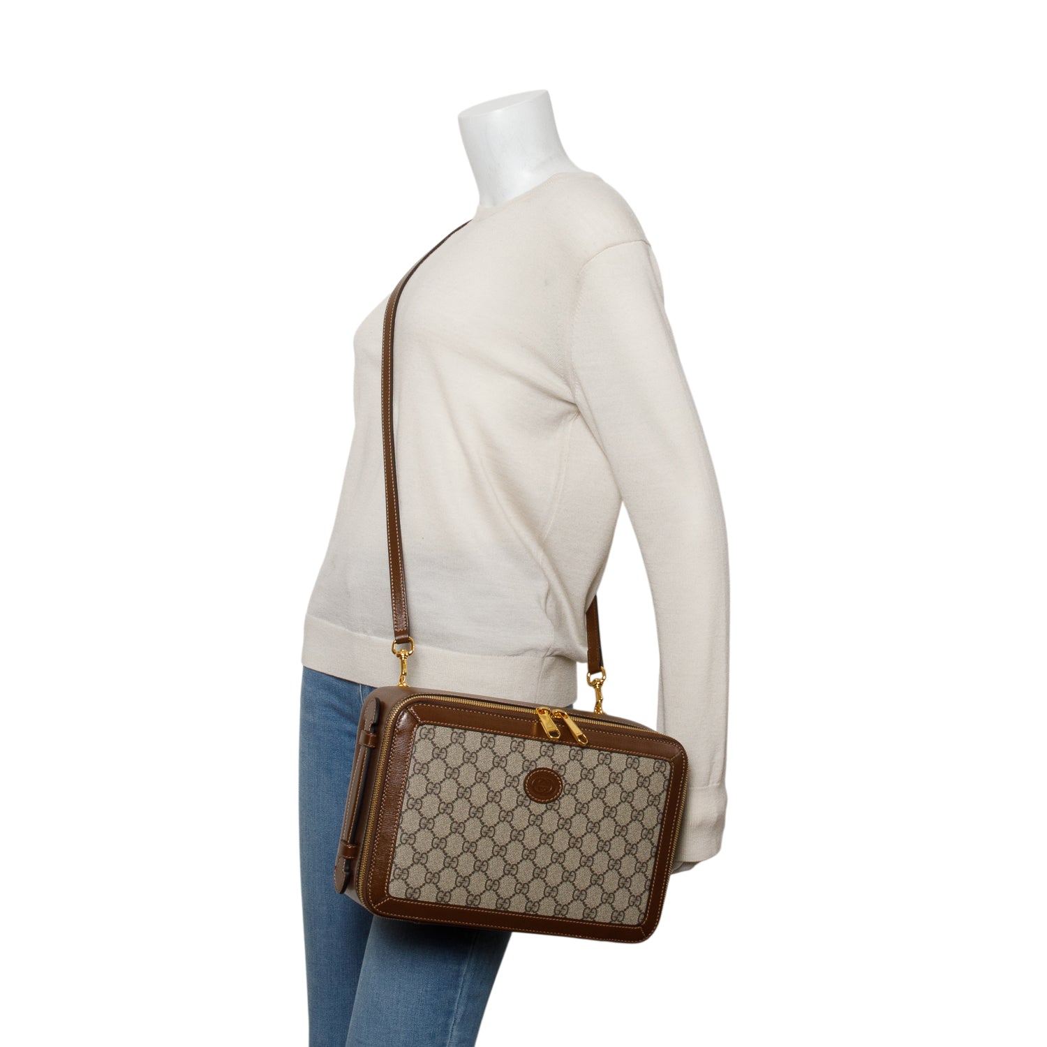 Gucci GG Supreme Monogram Glazed Textured Calfskin Retro Interlocking G Box Shoulder Bag w/ Strap