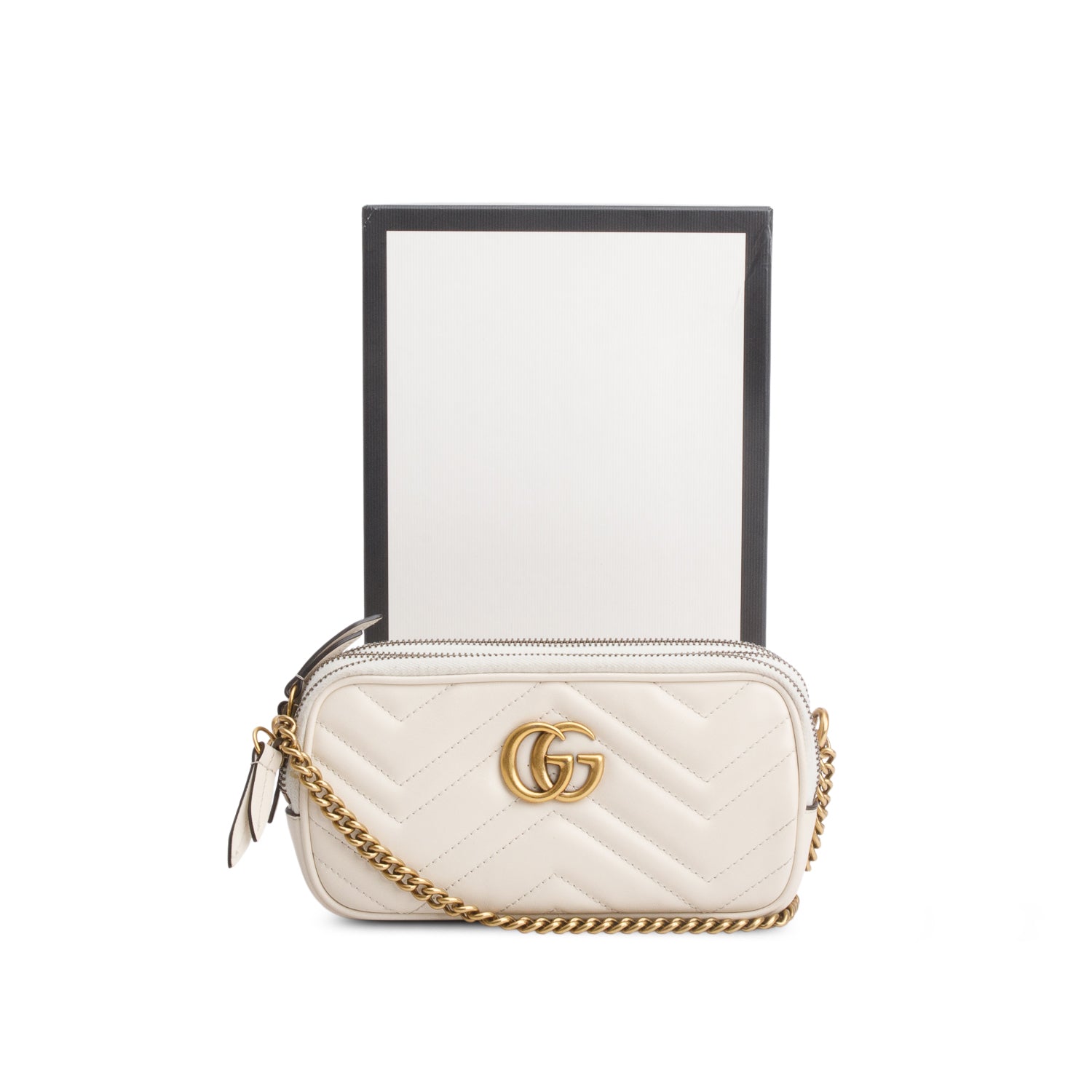 Gucci White Calfskin Matelasse Mini GG Marmont Chain Crossbody Bag w/ Box