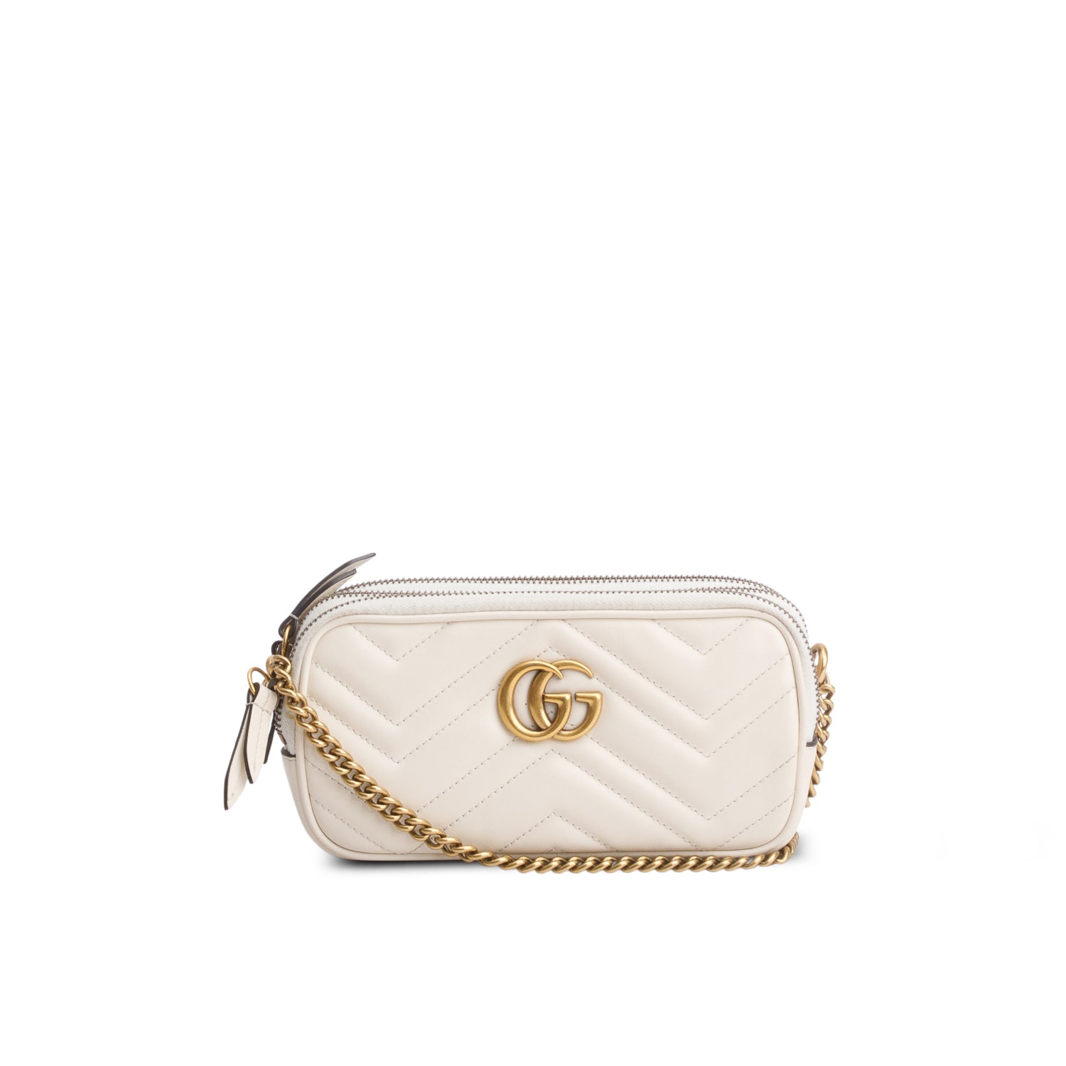 Gucci White Calfskin Matelasse Mini GG Marmont Chain Crossbody Bag w/ Box