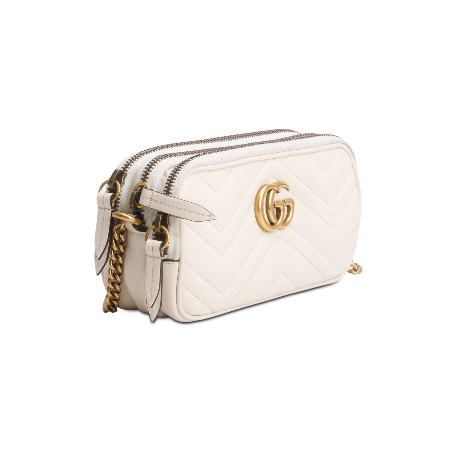 Gucci White Calfskin Matelasse Mini GG Marmont Chain Crossbody Bag w/ Box