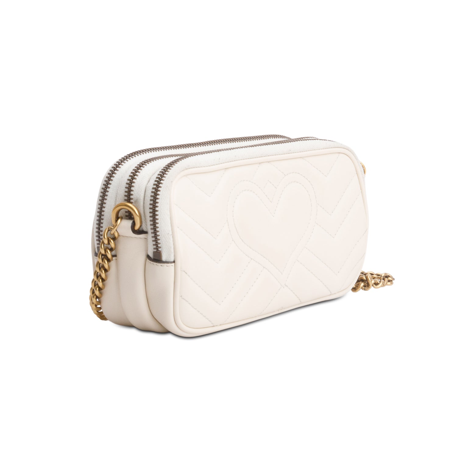Gucci White Calfskin Matelasse Mini GG Marmont Chain Crossbody Bag w/ Box
