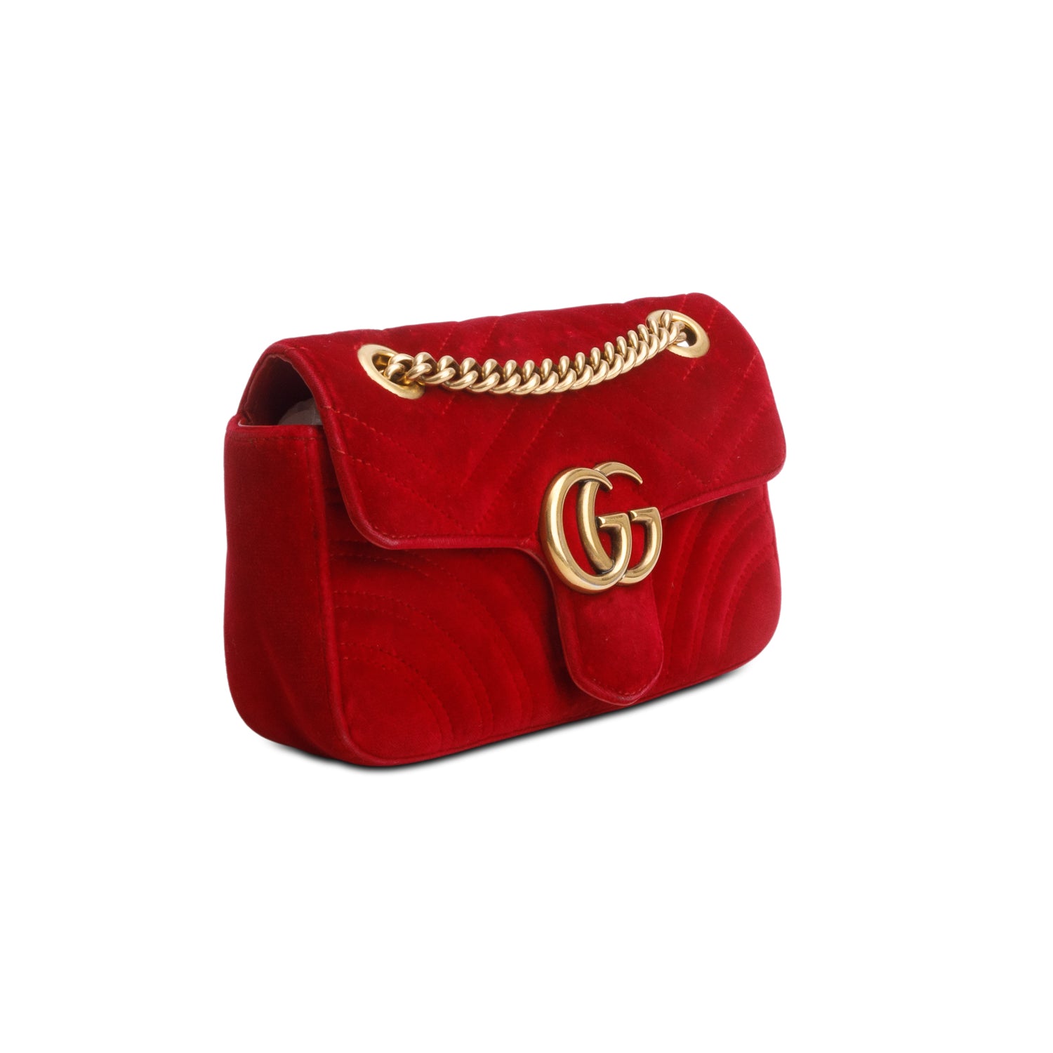 Gucci Red Velvet Matelasse Small GG Marmont Shoulder Bag w/ Box
