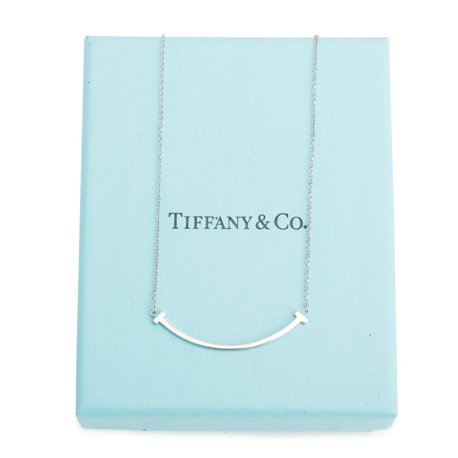 Tiffany & Co. 18k White Gold Small T Smile Pendant Necklace w/ Box