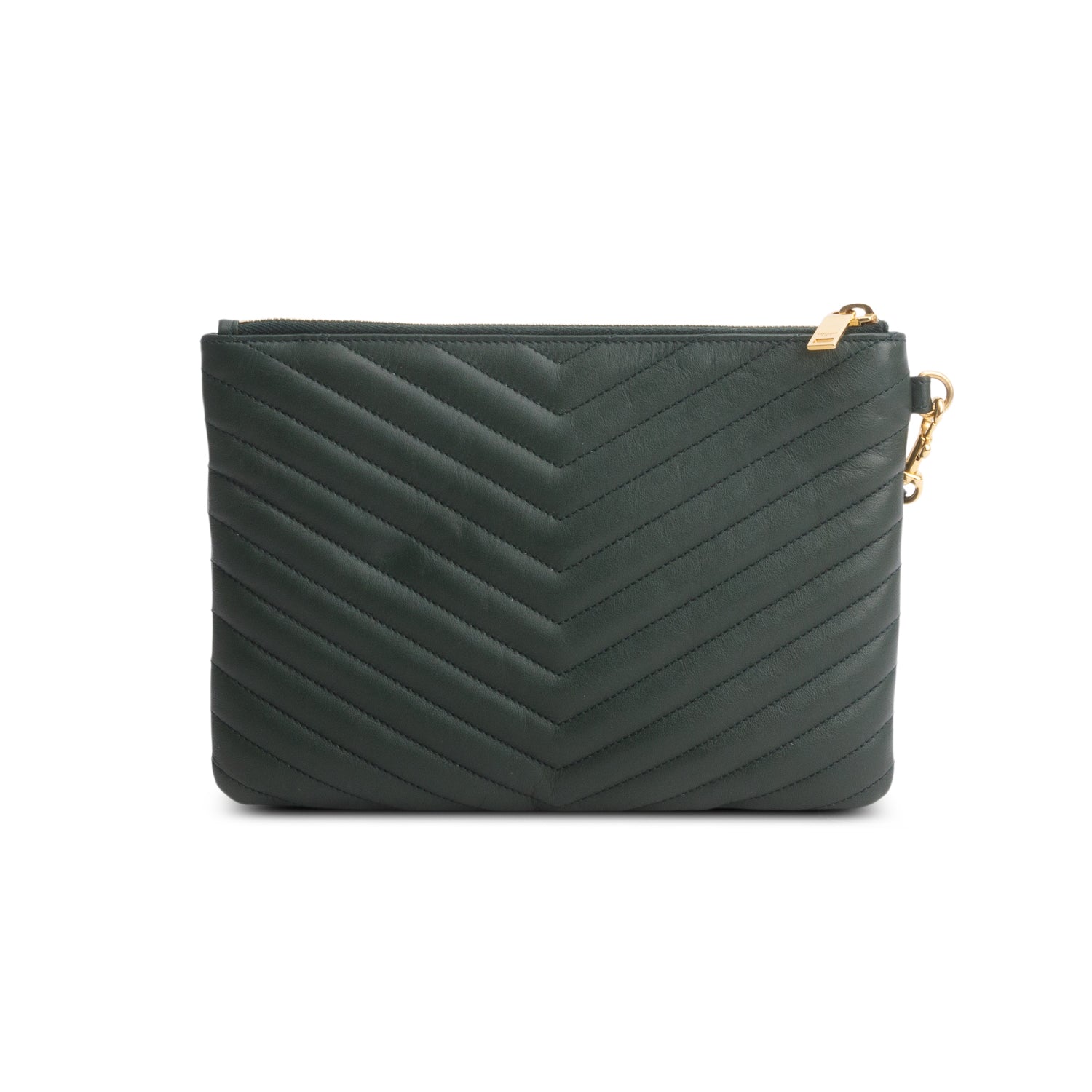 Saint Laurent Green Calfskin Matelasse Chevron Monogram A5 Wristlet