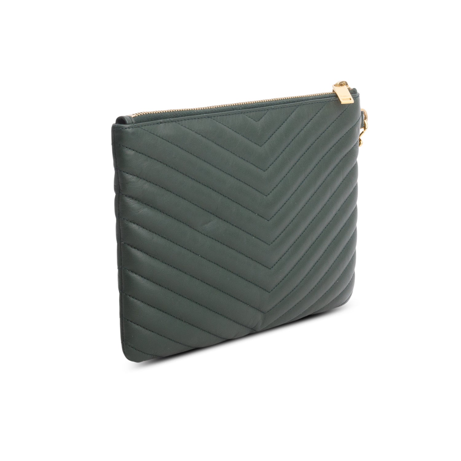 Saint Laurent Green Calfskin Matelasse Chevron Monogram A5 Wristlet