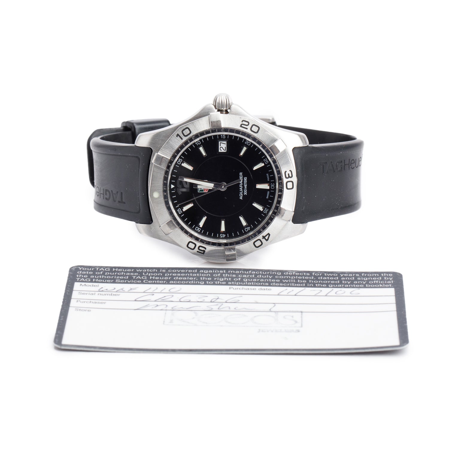 Tag Heuer Stainless Steel Aquaracer 39 MM Watch Black Dial WAF1110 w/ Card