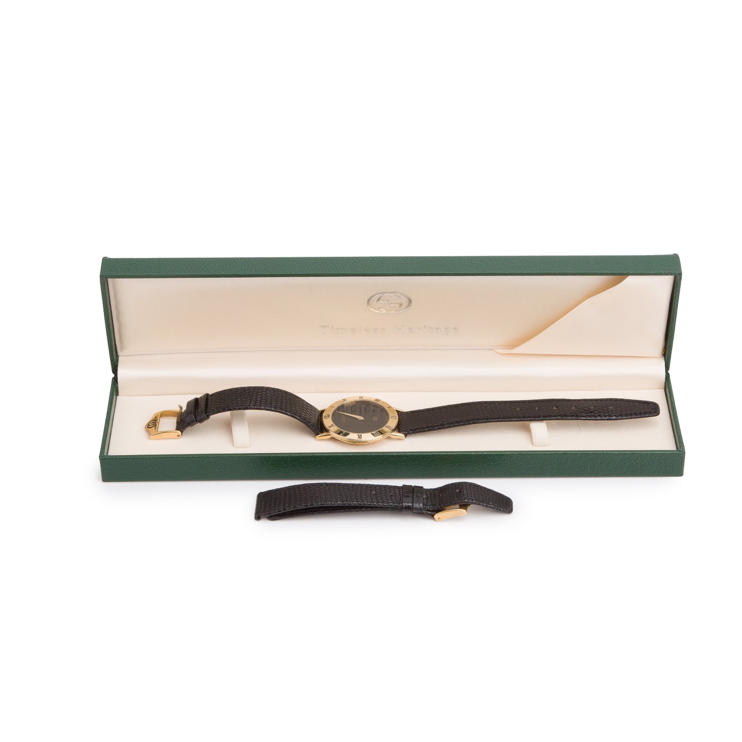 Gucci Gold Plated Stainless Steel 3000 Series 33 MM Quartz Watch Black Dial w/ Box & Extra Strap