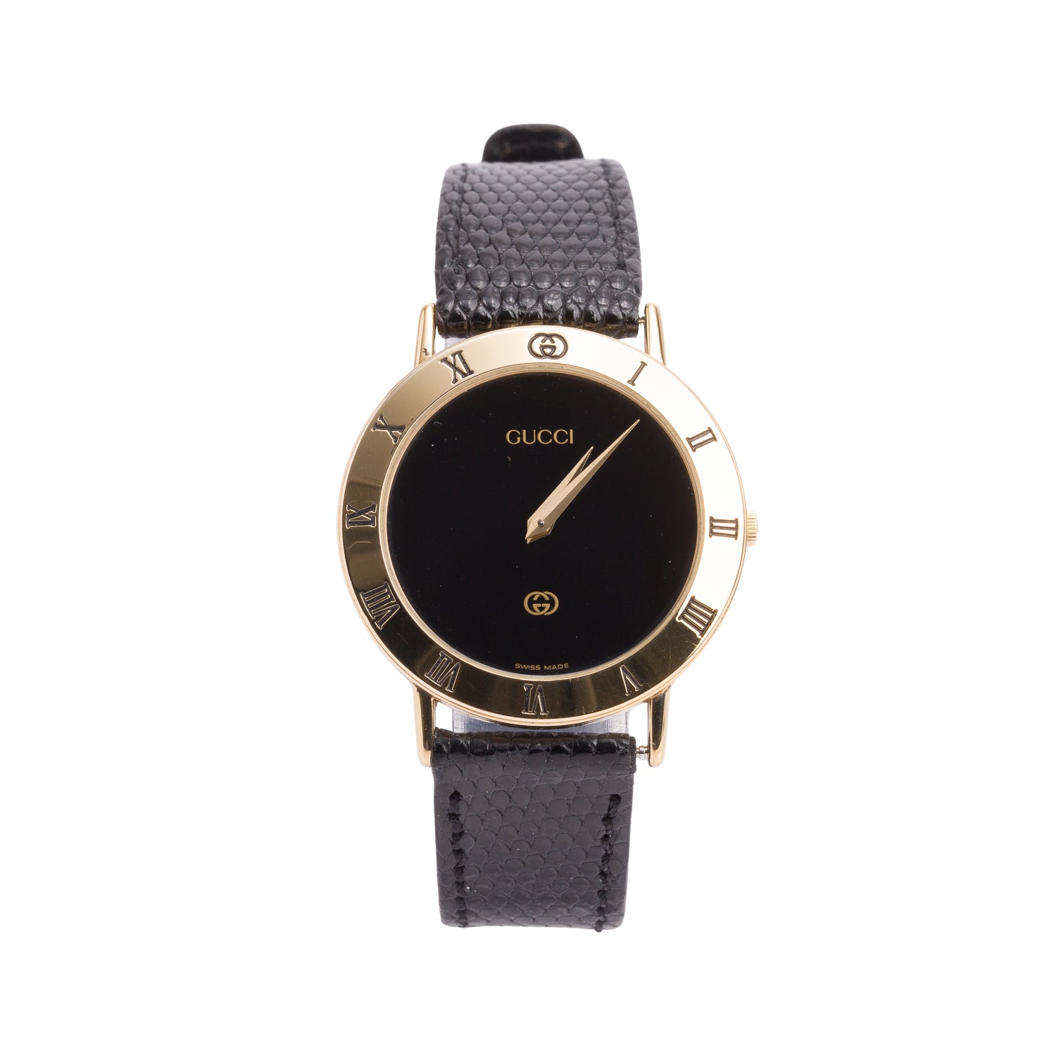 Gucci Gold Plated Stainless Steel 3000 Series 33 MM Quartz Watch Black Dial w/ Box & Extra Strap