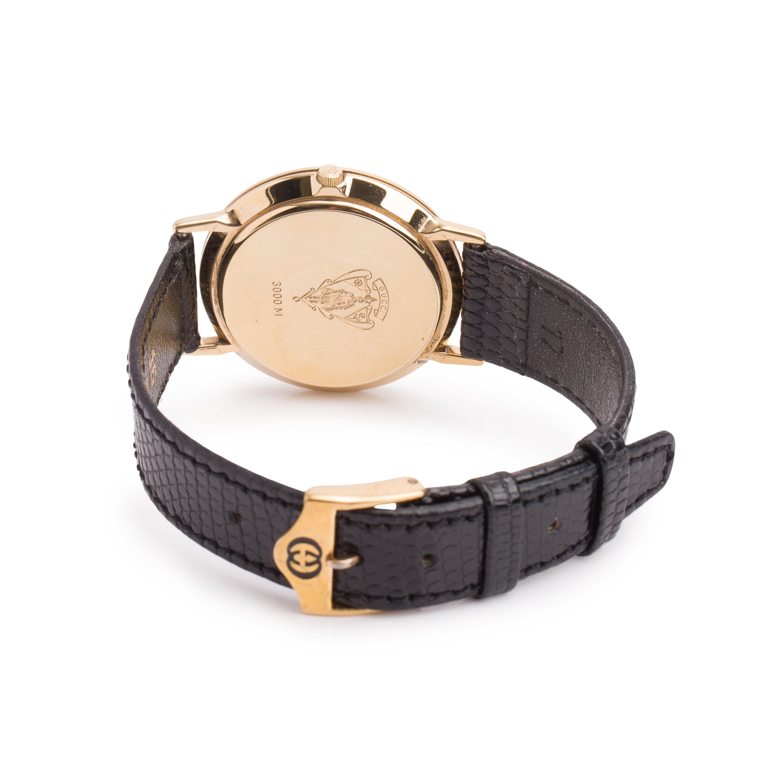 Gucci Gold Plated Stainless Steel 3000 Series 33 MM Quartz Watch Black Dial w/ Box & Extra Strap