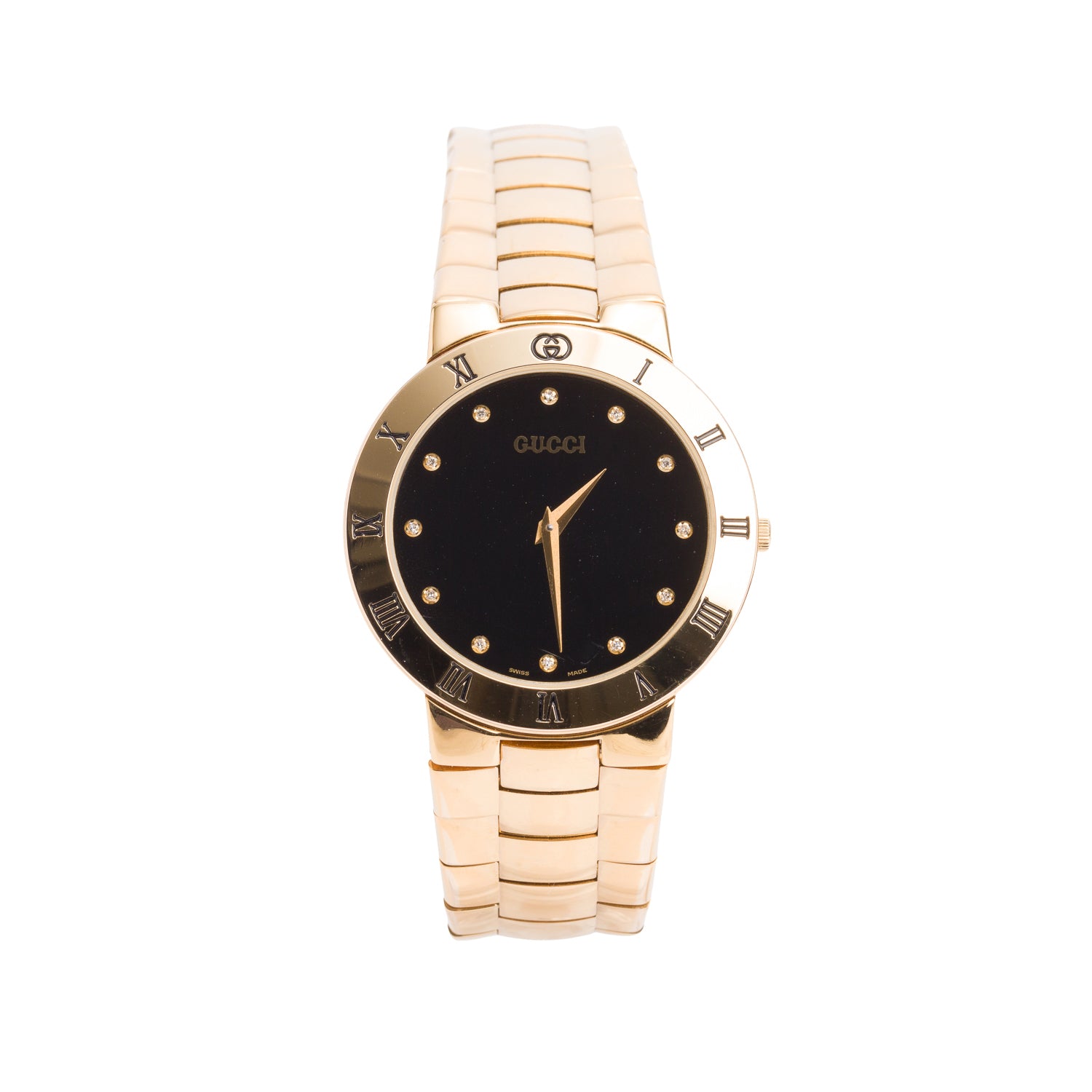 Gucci Gold Plated Stainless Steel 3300 Series 33 MM Watch Black Diamond Dial w/ Box