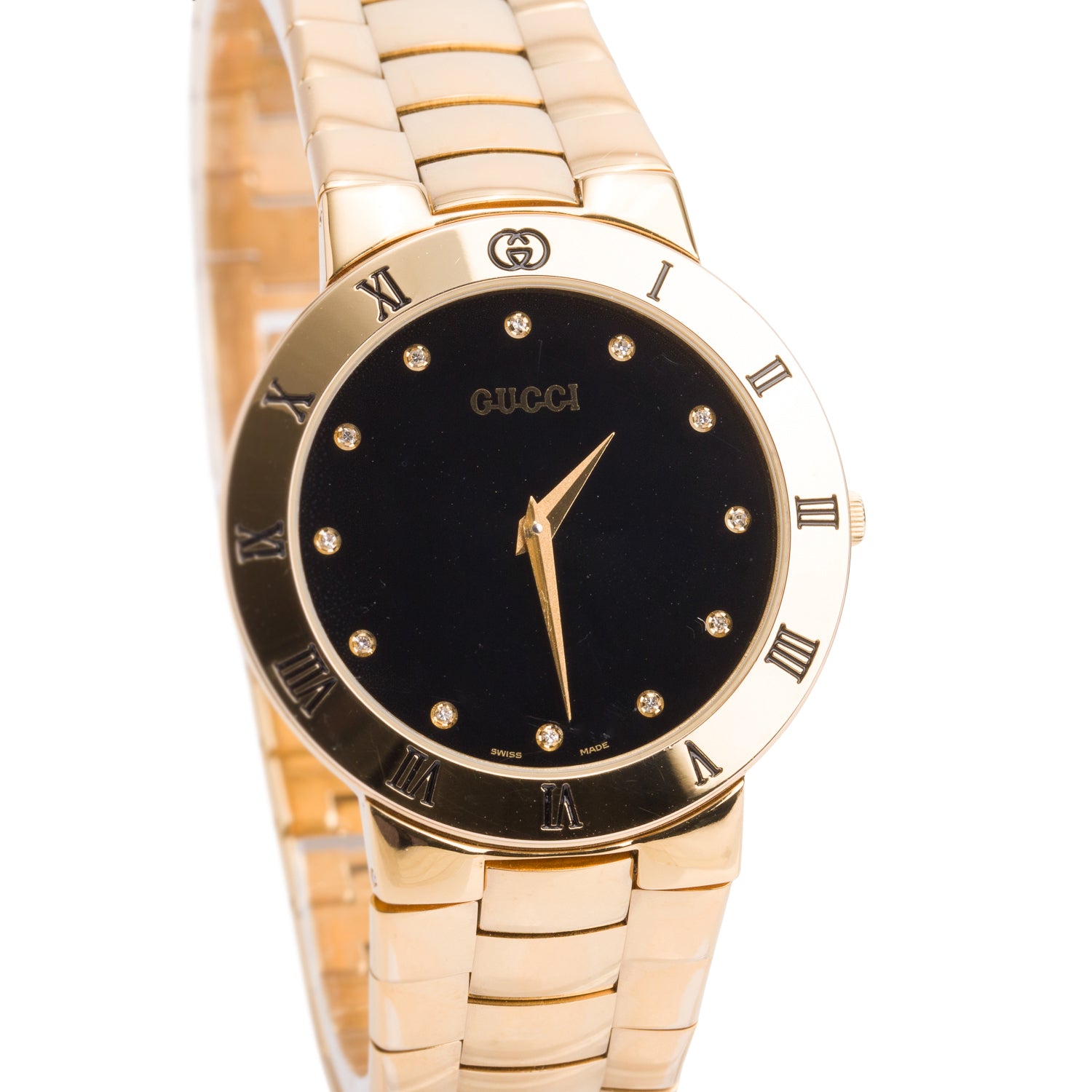 Gucci Gold Plated Stainless Steel 3300 Series 33 MM Watch Black Diamond Dial w/ Box