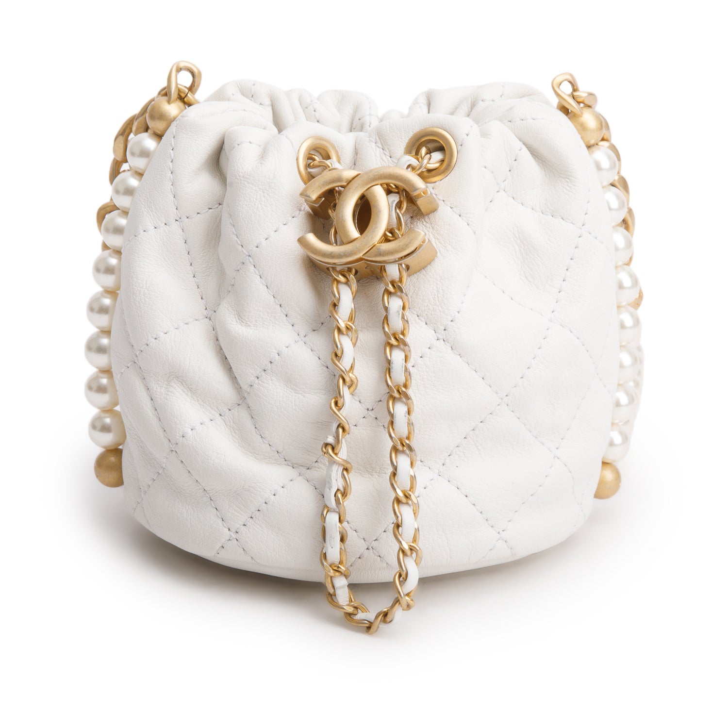 Chanel 2021 White Calfskin Quilted Mini About Pearls Drawstring Bucket Bag w/ Box, Authenticity Card & Receipt