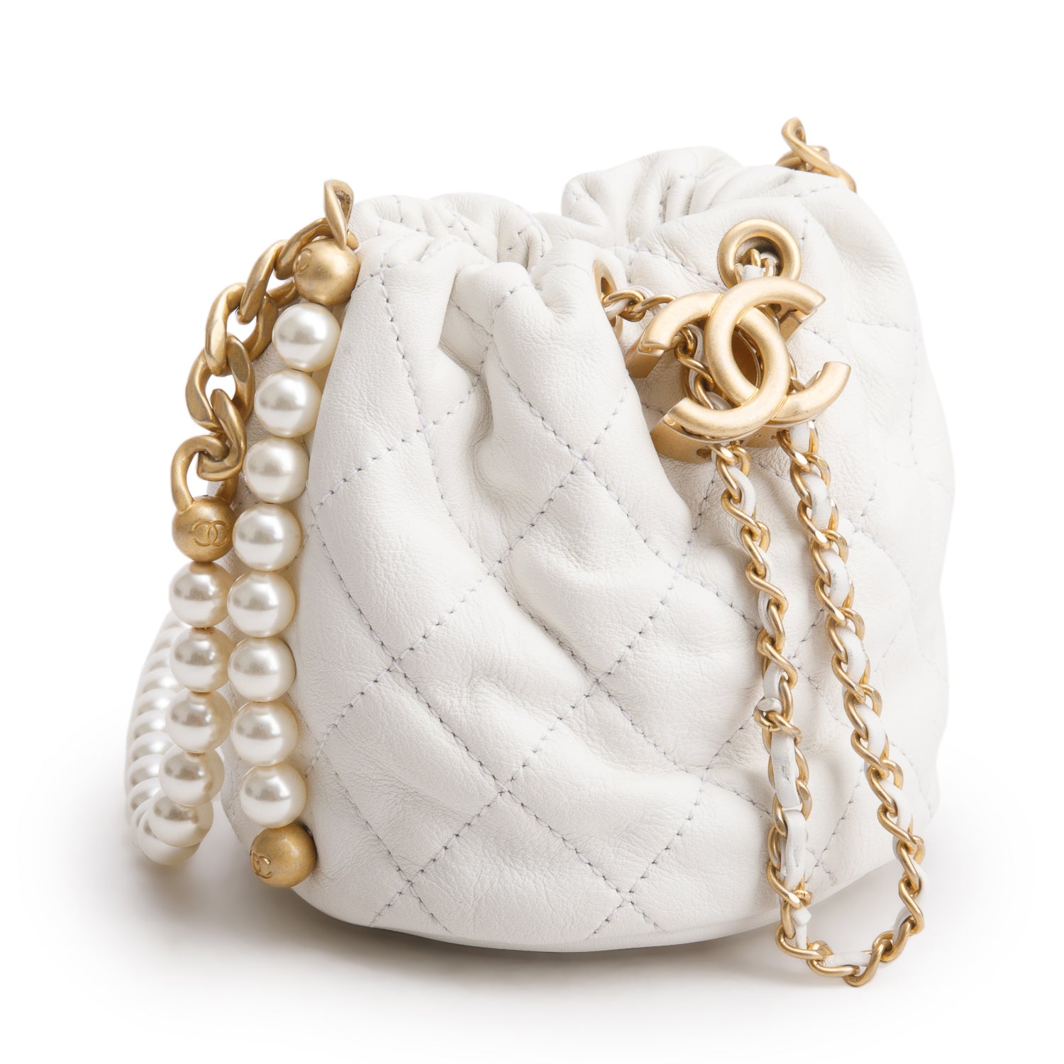 Chanel 2021 White Calfskin Quilted Mini About Pearls Drawstring Bucket Bag w/ Box, Authenticity Card & Receipt