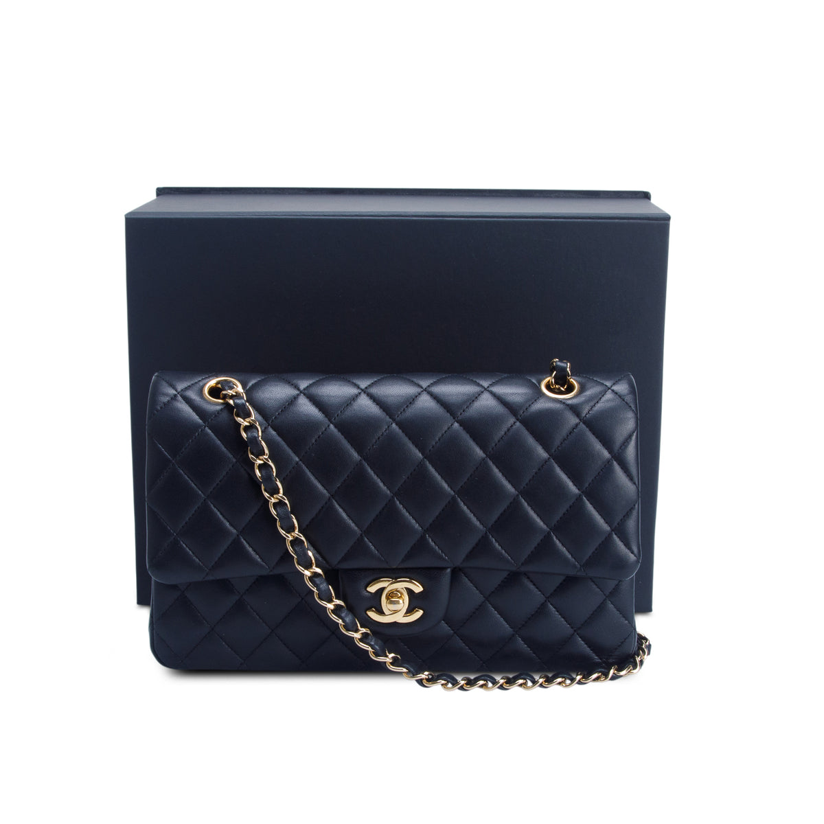 Chanel Black Quilted Lambskin Leather Classic Medium Double Flap Bag w/ Box & Authenticity Card