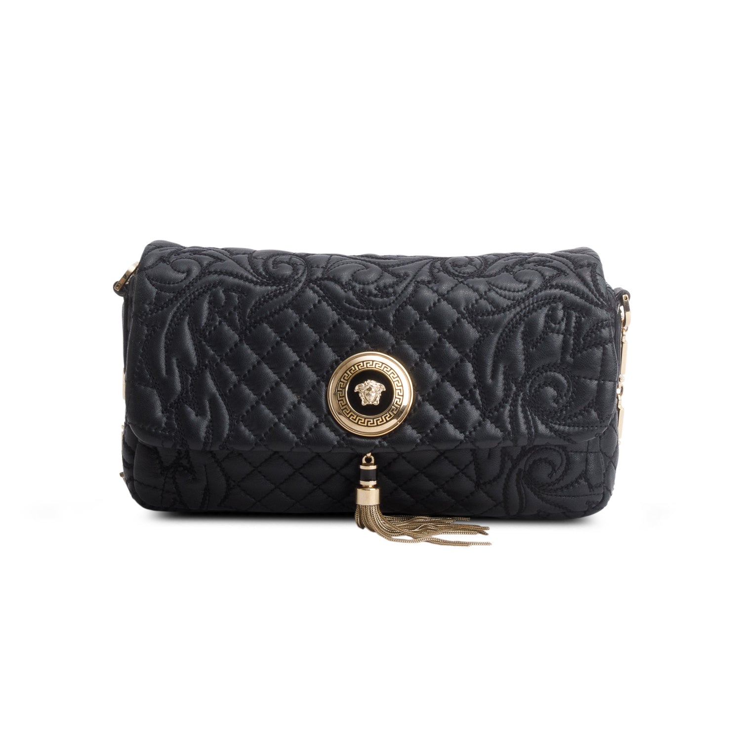 Versce Black Calfskin Barrocco Quilted Calliope Vanitas Shoulder Bag