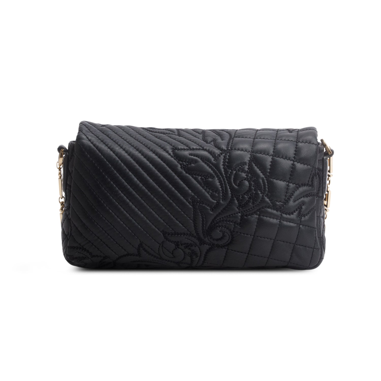 Versce Black Calfskin Barrocco Quilted Calliope Vanitas Shoulder Bag