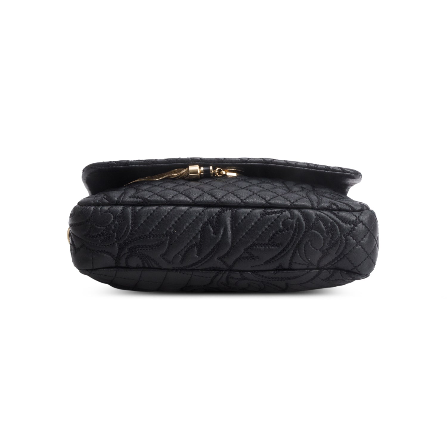 Versce Black Calfskin Barrocco Quilted Calliope Vanitas Shoulder Bag