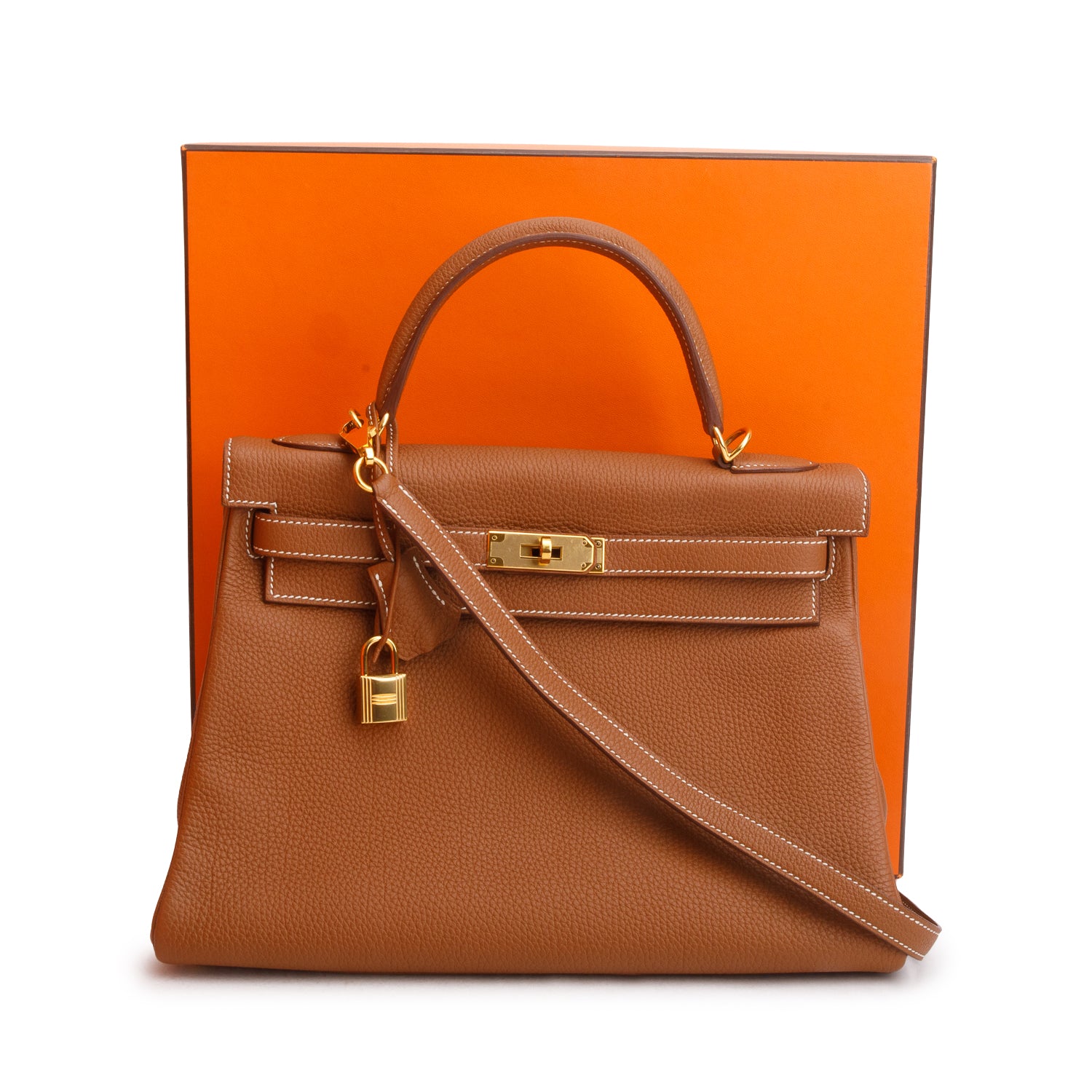 Hermes Gold Togo Kelly Retourne 32 w/ Box & Strap