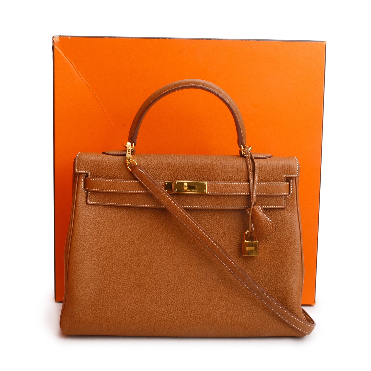 Hermes Gold Togo Kelly Retourne 35 w/ Box & Strap