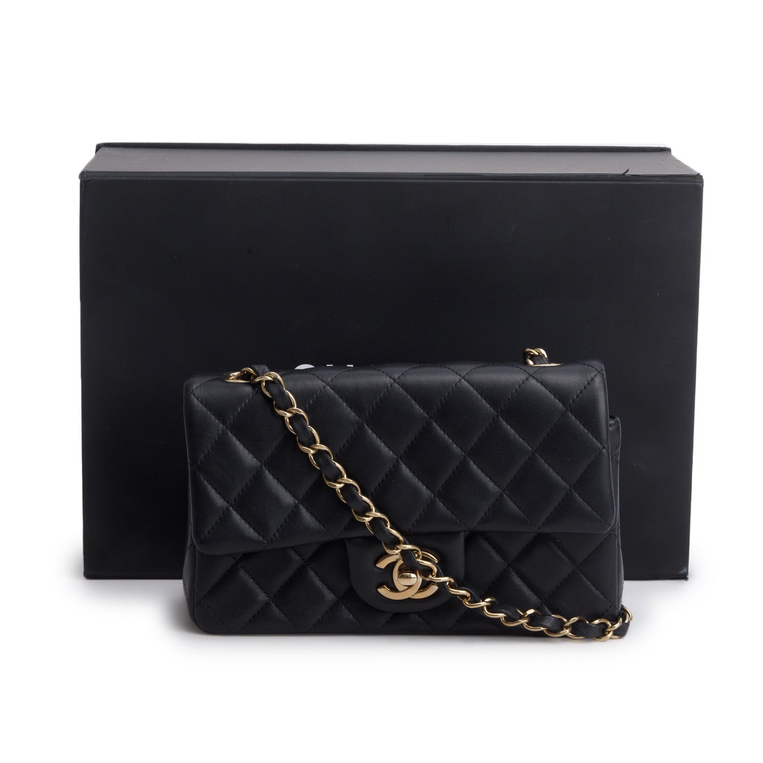 Chanel Black Lambskin Quilted Mini Rectangular Flap Bag w/ Box