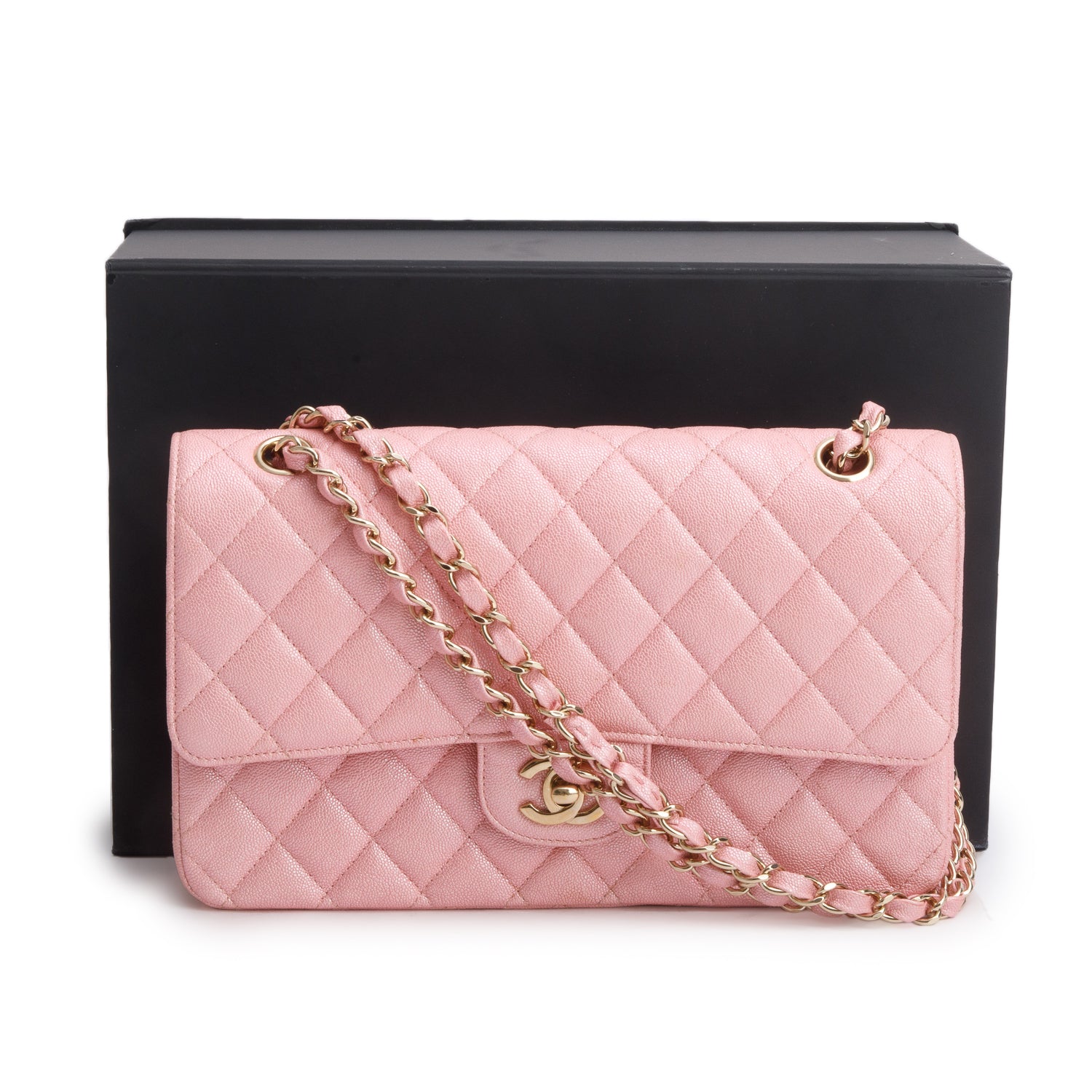 Chanel Pink Iridescent Caviar Leather Classic Medium Double Flap Bag w/ Box
