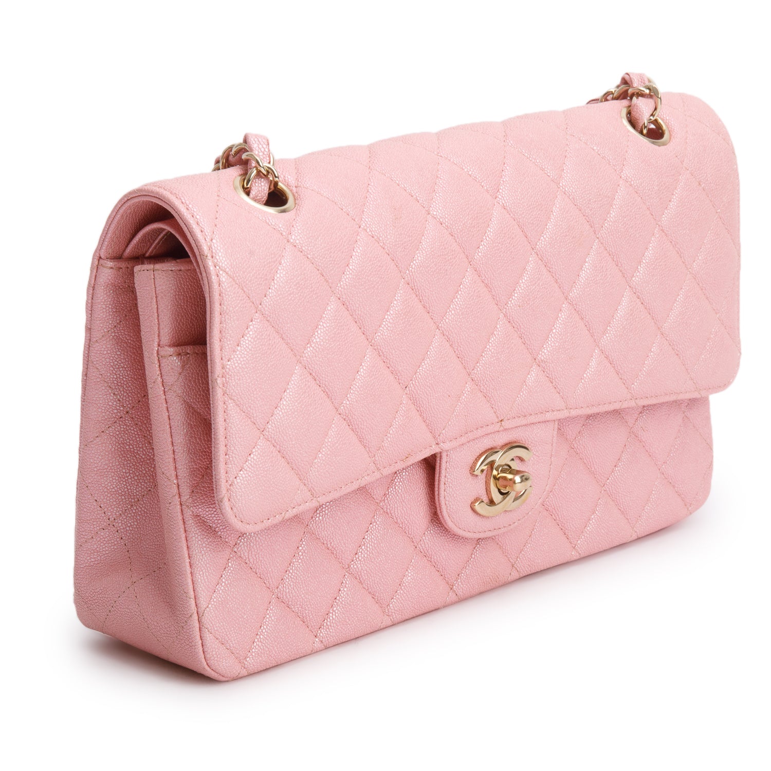 Chanel Pink Iridescent Caviar Leather Classic Medium Double Flap Bag w/ Box