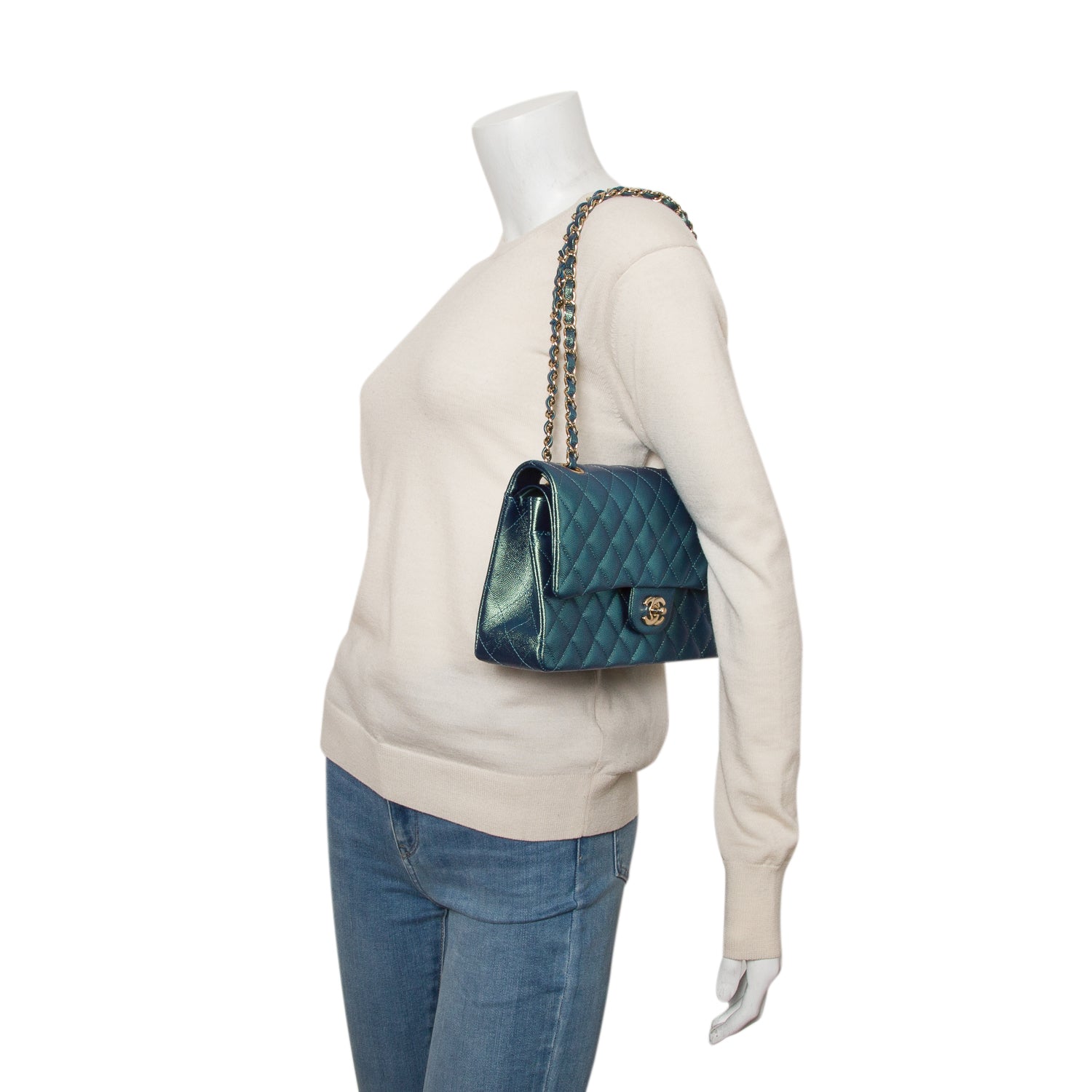 Chanel Green Iridescent Caviar Leather Classic Medium Double Flap Bag w/ Box