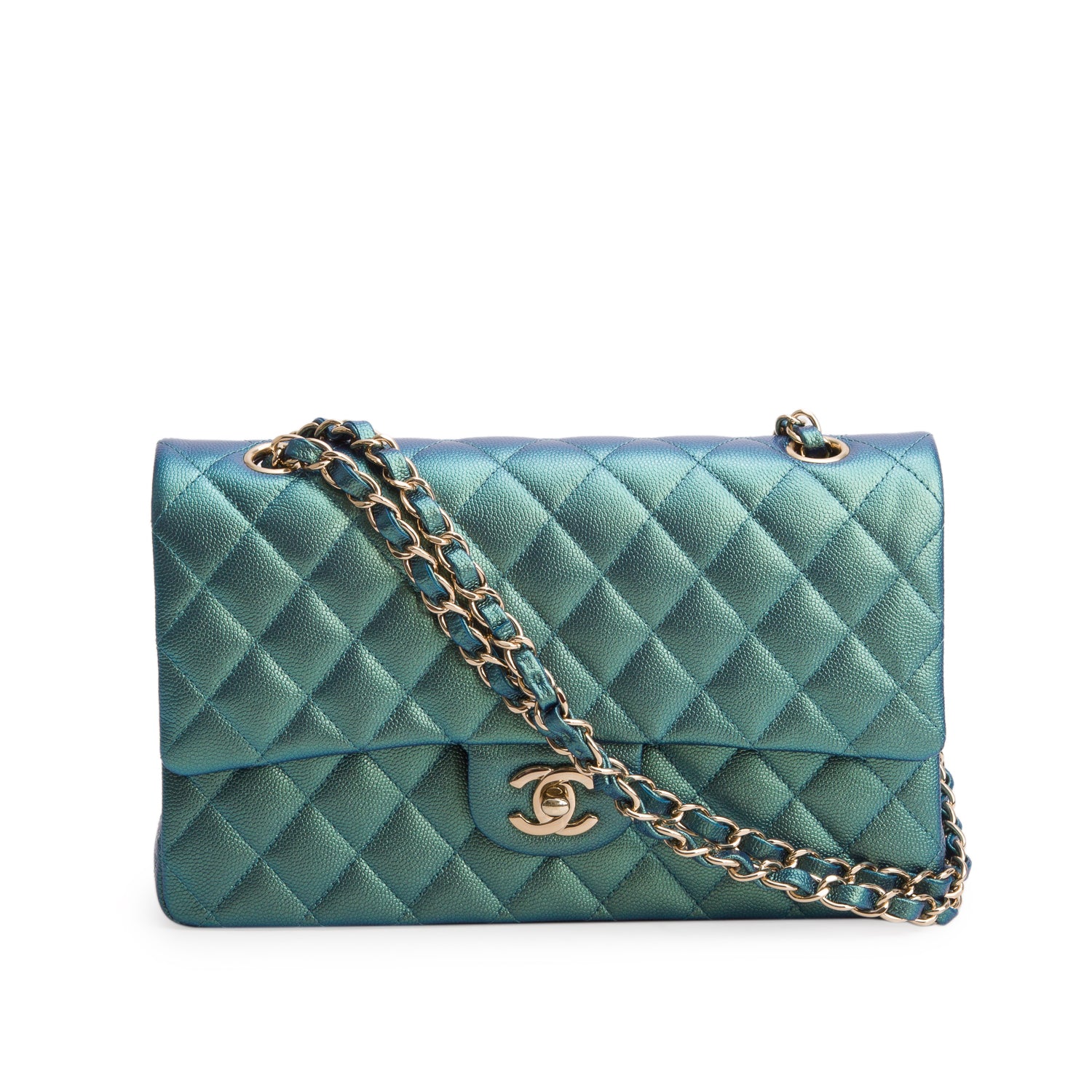 Chanel Green Iridescent Caviar Leather Classic Medium Double Flap Bag w/ Box