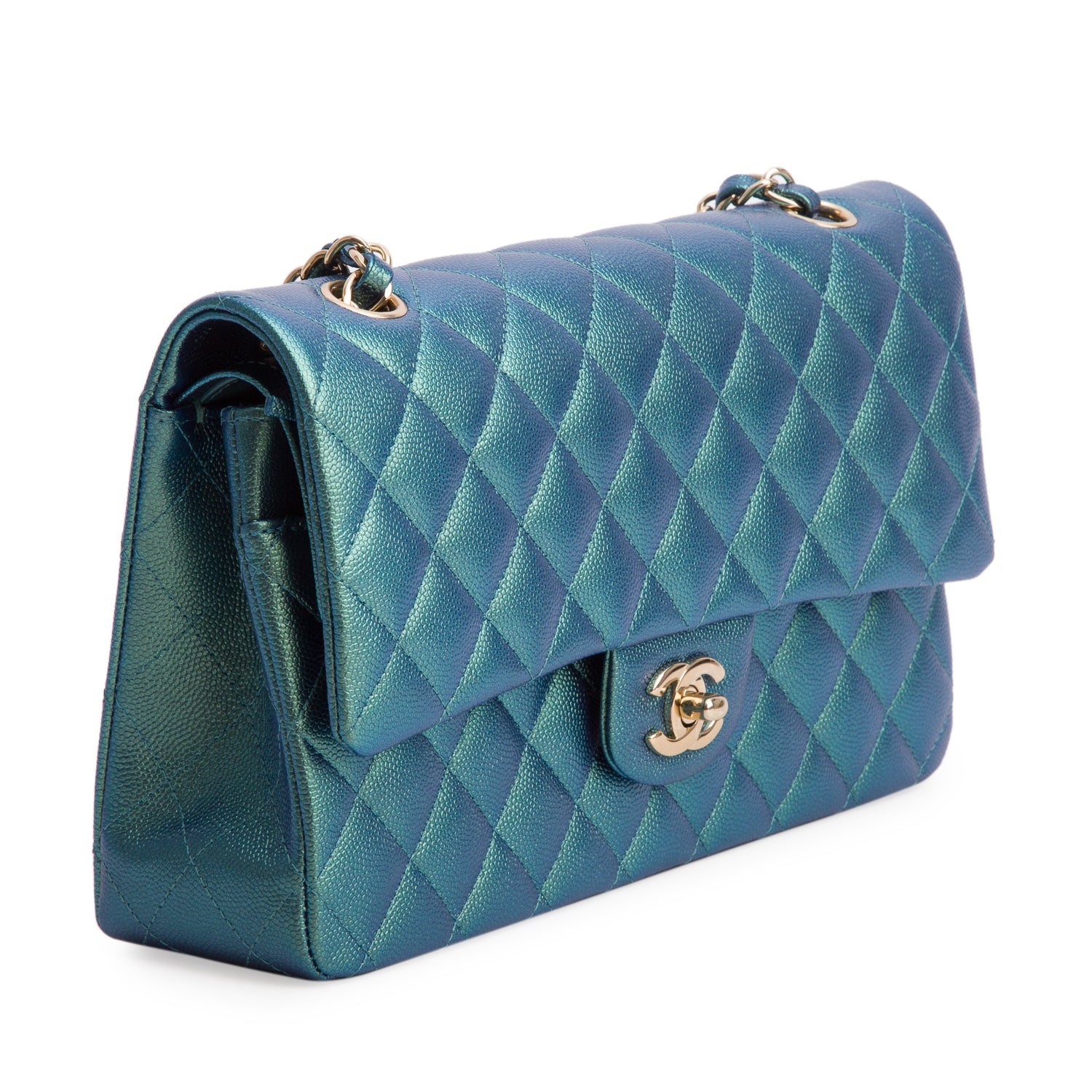 Chanel Green Iridescent Caviar Leather Classic Medium Double Flap Bag w/ Box
