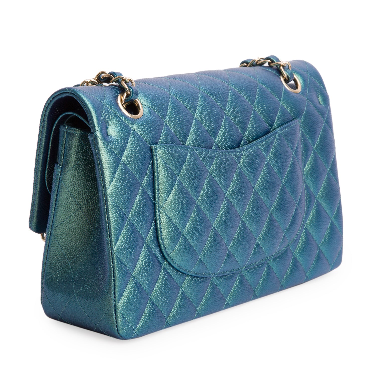 Chanel Green Iridescent Caviar Leather Classic Medium Double Flap Bag w/ Box