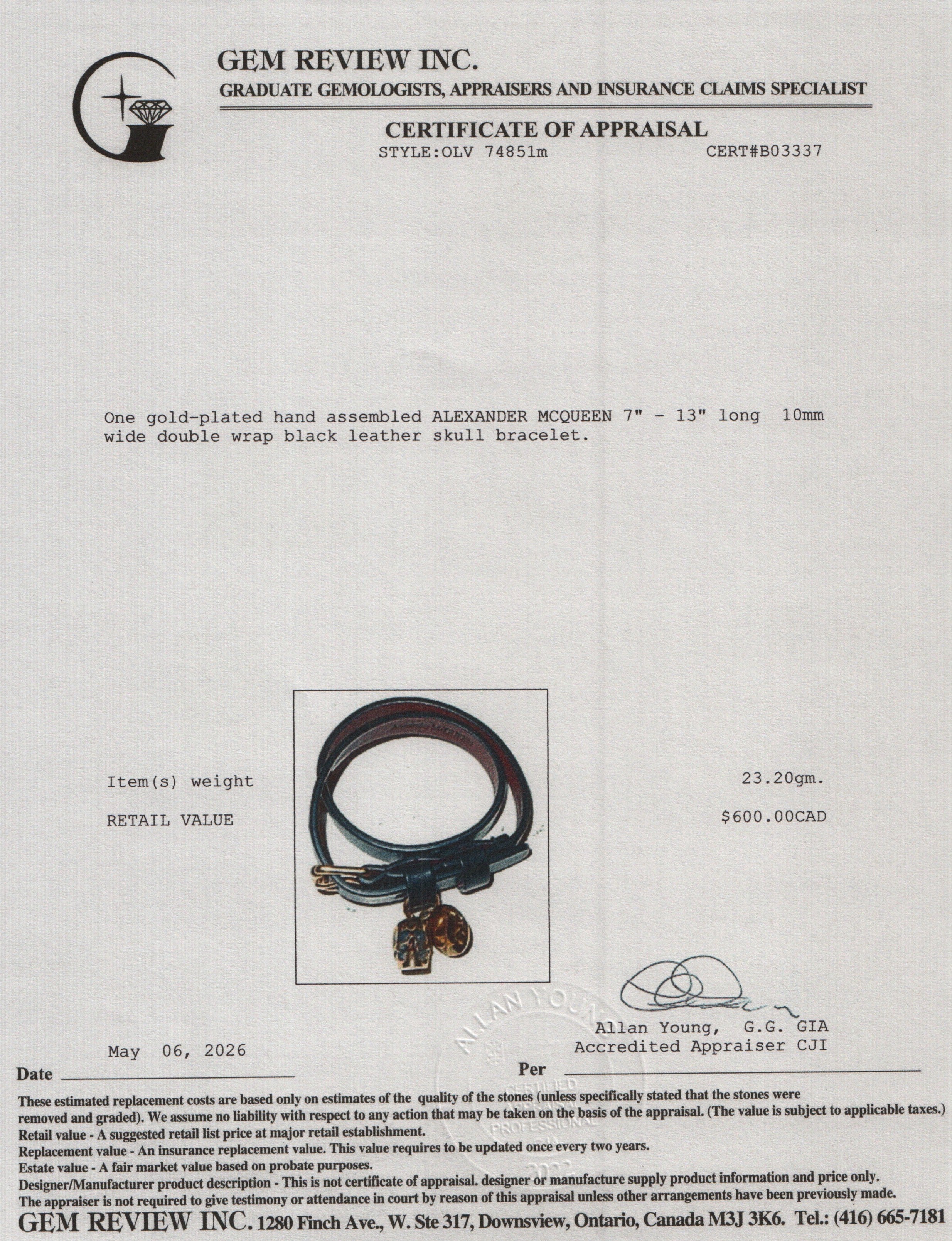 Alexander Mcqueen Gold Plated Black Leather Skull Double Wrap Bracelet
