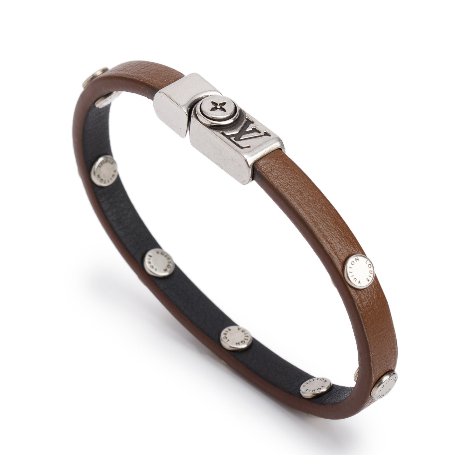 Louis Vuitton 2024 Brown Leather Flower Edge Studded Bracelet w/ Receipt
