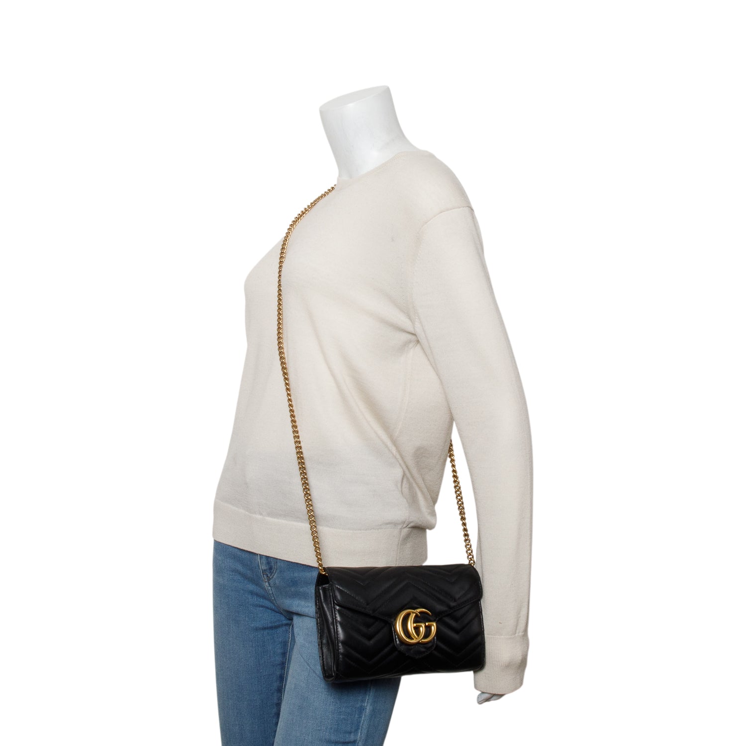 Gucci Black Calfskin Matelasse GG Marmont Wallet on Chain