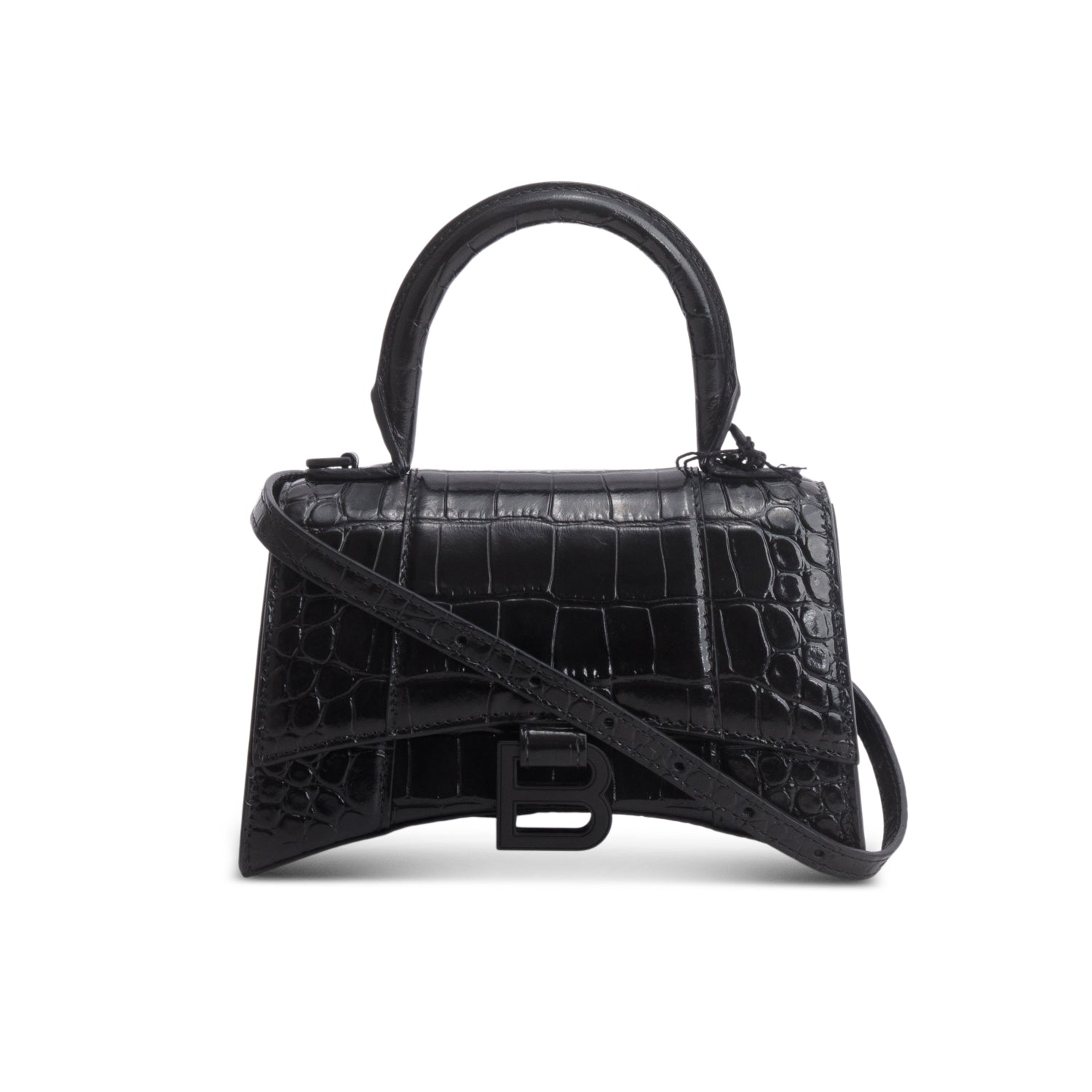 Balenciaga Black Shiny Calfskin Croc-Embossed Leather XS Hourglass Top Handle Bag w/ Strap