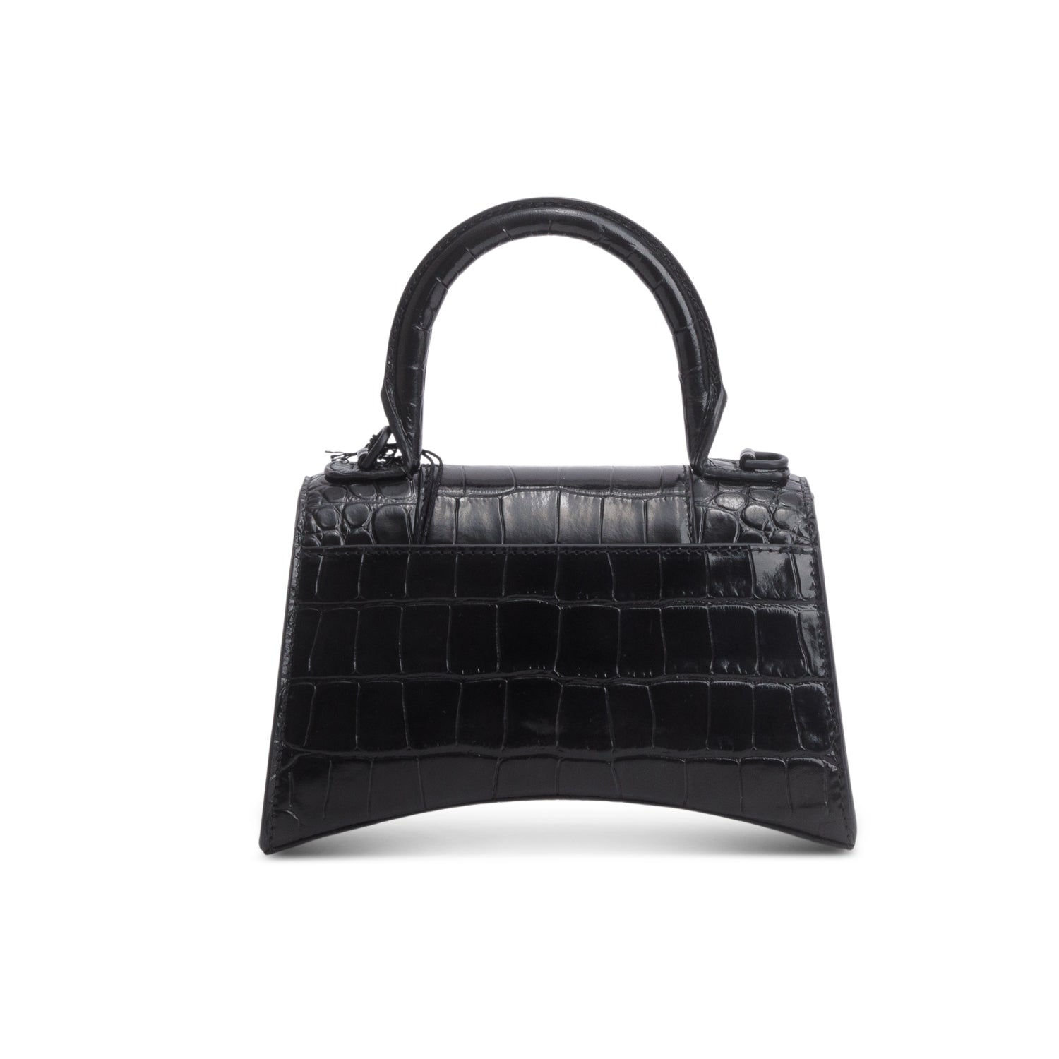 Balenciaga Black Shiny Calfskin Croc-Embossed Leather XS Hourglass Top Handle Bag w/ Strap